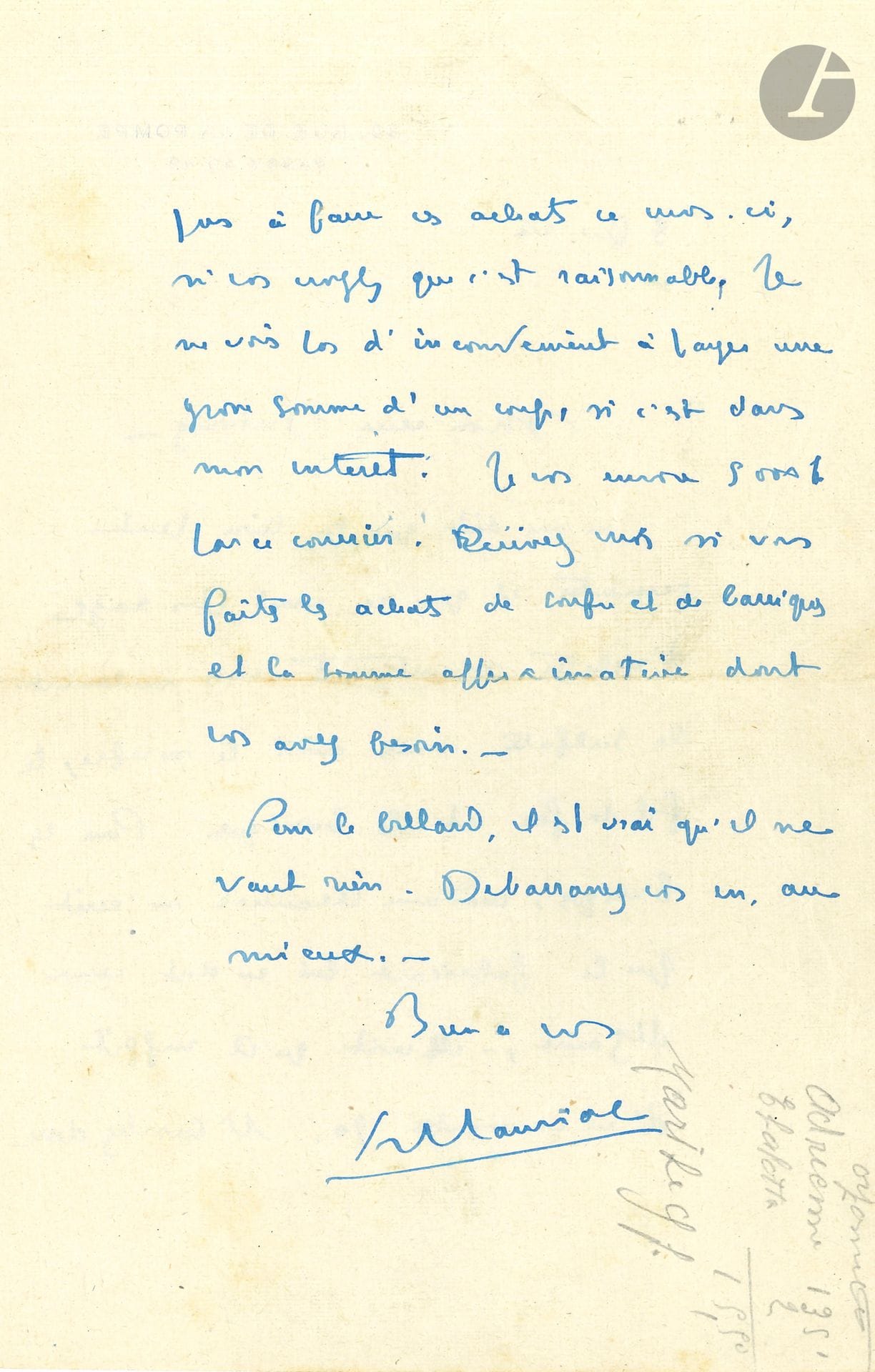 François MAURIAC (1885-1970). L.A.S., 3 février 27, à son cher Dubourg; 2pages in-8 à son adresse 89 rue de la Pompe.
À son homme d’affaires, au sujet de ses divers investissements. On lui a dit en effet que la livre pouvait remonter et qu’il «serait plus sage d’acheter maintenant non seulement le sulfate, mais aussi le soufre, le fil de fer et les barriques». Il l’encourage à faire ces achats dès ce mois-ci s’il pense que c’est raisonnable: «je ne vois pas d’inconvénient à payer une grosse somme d’un coup, si c’est dans mon intérêt»…
On joint une photographie de presse lors d’une réunion de l’UNESCO (1946).