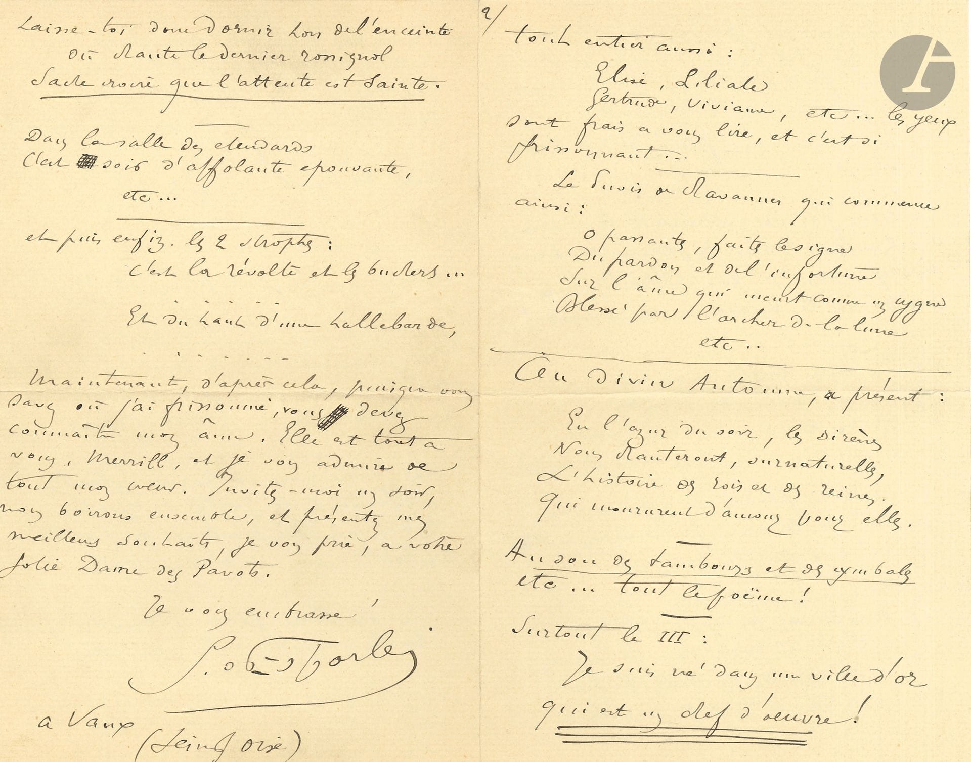 Georges d’ESPARBÈS (1863-1944). L.A.S., Vaux (Seine-et-Oise), 19 janvier 1895, à Stuart Merrill; 8pages in-8, enveloppe.
Magnifique lettre d’admiration littéraire, après la lecture des Petits Poëmes d’automne… «je veux vous dire ce que j’admire par-dessus tout: L’âme d’automne. Moi qui depuis longtemps suis saisi par ce rêve d’écrire – en méchante prose – les rois casqués, les paysages de marjolaine, les troubadours, et le combat de la lance, je demeure muet d’admiration devant vos rêves à vous. Vous avez les yeux lointains, vous avez vu le joli, l’enivrant, je n’avais conçu que le rude»... Etc. Et il cite de nombreux vers (et des strophes) qu’il a particulièrement aimés…  «Vous êtes un grand poëte, et je le dirai un jour. Il n’y a qu’une façon de causer aux artistes, c’est de leur désigner ce qu’on a le plus aimé d’eux, sans réflexion, sans critiques, car il faut laisser marcher ceux qui ont de la force, et ne leur indiquer aucune route. Eh bien, le premier poëme est remarquable d’allure, de beauté raide et grave: L’enchanteresse de Thulé a ravi mon âme en son île»… Etc. Il ajoute: «Jamais je n’ai écrit une lettre aussi longue!»
On joint 2 autres lettres adressées à Stuart Merrill par Nathalie Berry Boynton (Paris 26 avril 1915) et sa cousine Virginia Watson (New York 26 janvier 1914). Plus 2 lettres adressées à Claire Merrill par les poètes André Fontainas (23 décembre 1915) et Georges Marlow (condoléances).
