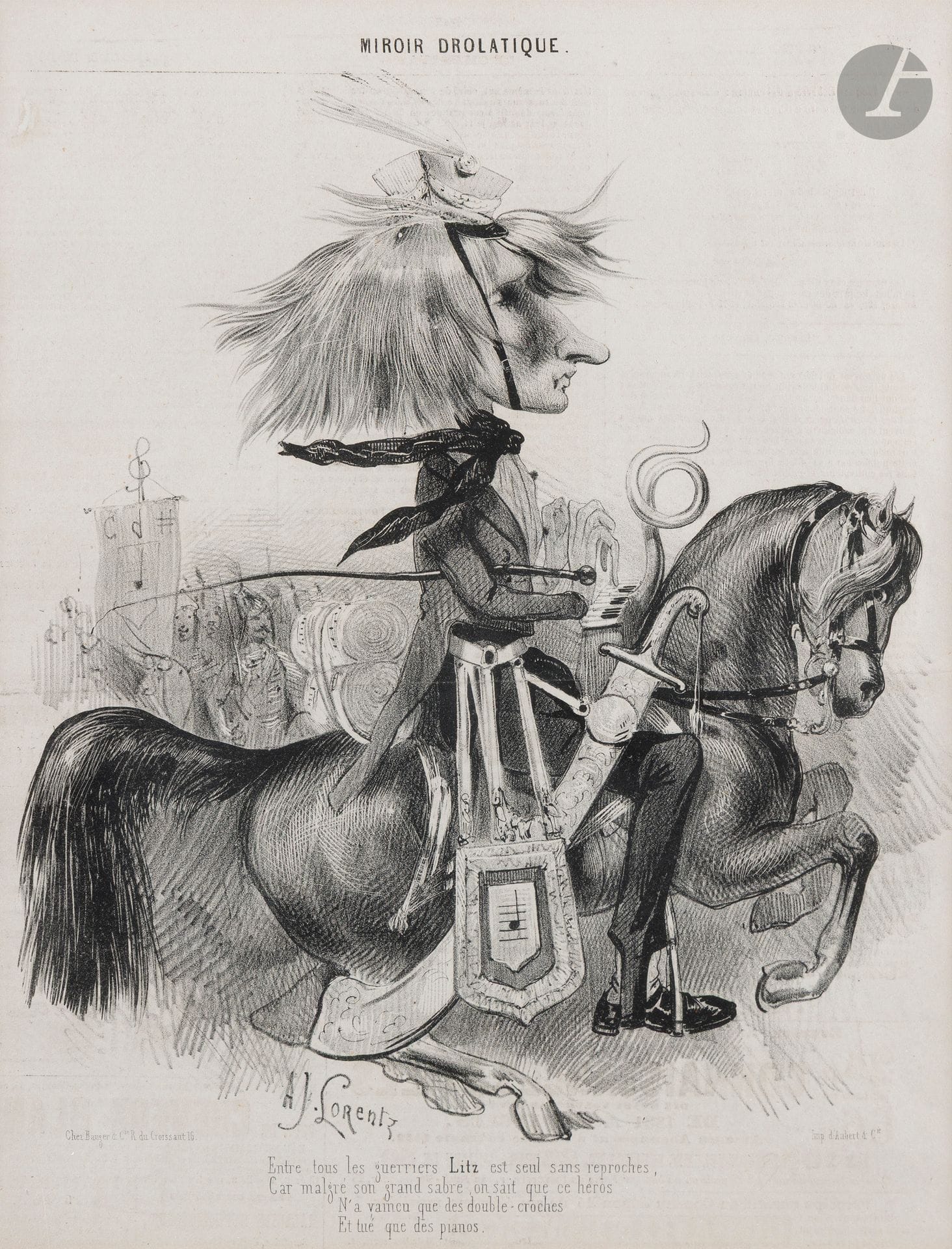 [Franz LISZT (1811-1886)]. Caricature-lithographie d’Alcide-Joseph LORENTZ (1813-1889), [1842]; 31 x 24 cm (encadrée).
Caricature publiée dans le journal Le Charivari, le 8 juillet 1842, dans la série Miroir drolatique. Liszt est représenté à cheval, portant le grand sabre d’honneur que les Hongrois lui avaient offert en 1840, et jouant un petit piano posé sur l’encolure du cheval. Sous la caricature, est imprimé cet amusant quatrain: «Entre tous les guerriers Litz est seul sans reproches, / Car malgré son grand sabre, on sait que ce héros / N’a vaincu que des doubles-croches / Et tué que des pianos».
On joint une autre caricature, The Abbé, lithographie en couleurs par SPY, publiée dans Vanity Fair le 15 mai 1886. Liszt est représenté en pieds, de profil, en redingote noire, avec une longue chevelure blanche.