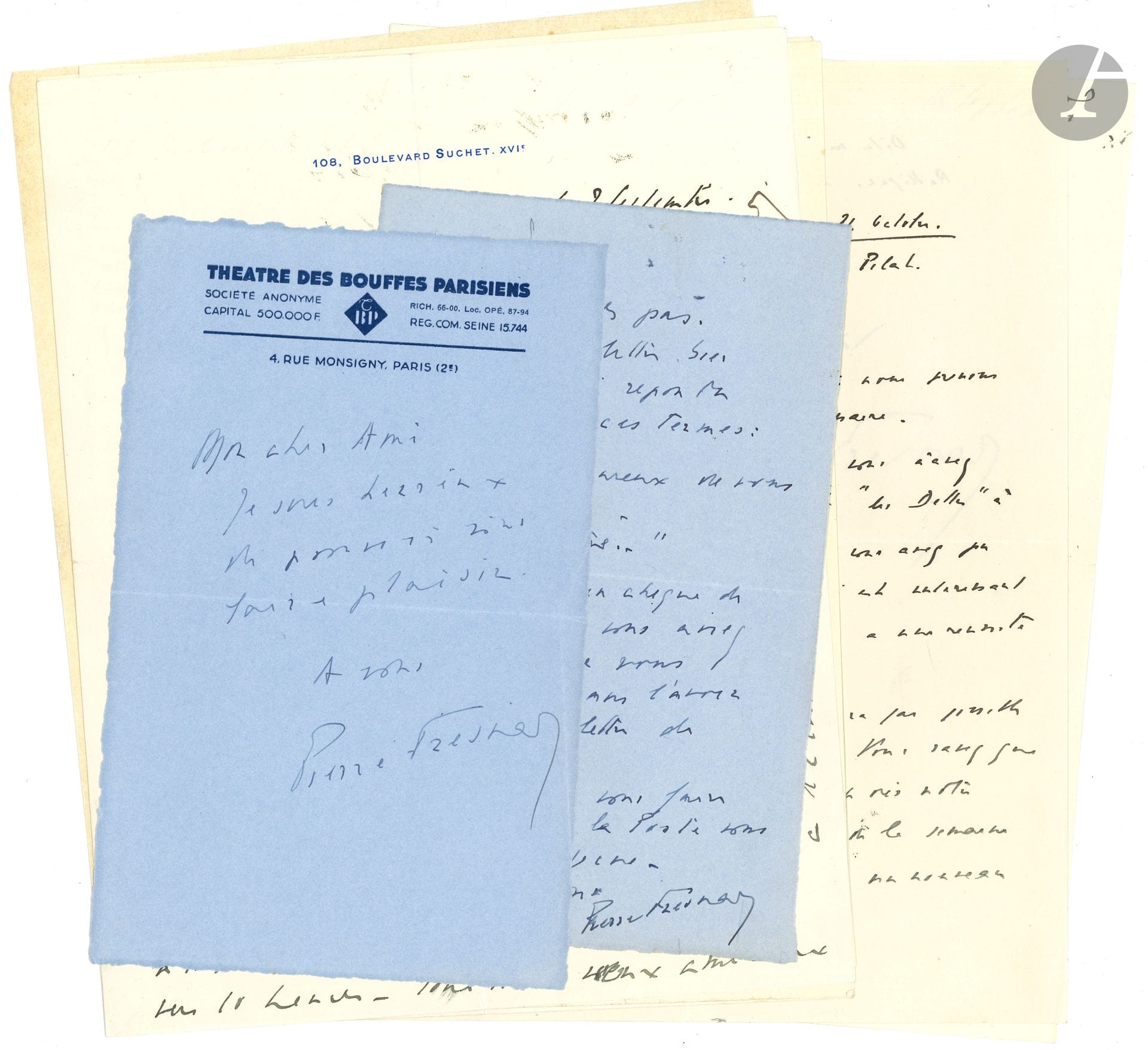 Pierre FRESNAY (1897-1975). 7 L.A.S., [vers 1935-1937], à Maurice Sachs; 8 pages in-4 à son adresse, et 2 p. in-8 (une à en-tête Théâtre des Bouffes Parisiens).
Au sujet de la pièce de Maurice Sachs, Les Dettes, et la pièce de Terence Rattigan, L’Écurie Watson, que Sachs va traduire, et dont ils signeront tous deux l’adaptation (créée au Théâtre Saint-Georges le 9 juillet 1937)… Il évoque ses journées de tournage dans les studios,