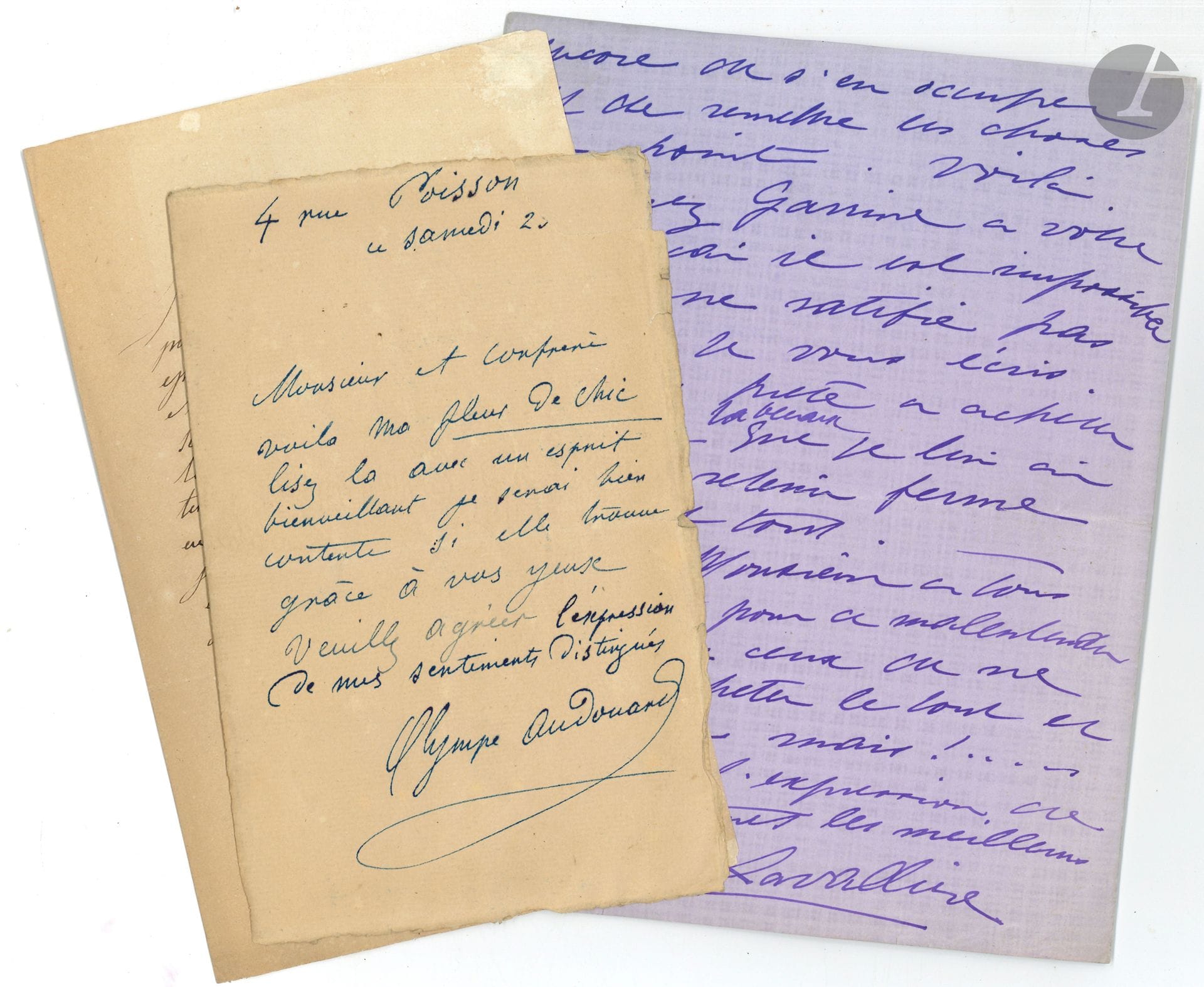 WOMEN. 52 letters or cards, most of them L.A.S. 
Juliette Adam (7), Countess de l'Aigle, Olympe Audouard, Pauline Augustin, Aurel (2), Jane Avril, Marthe Bibesco, Jane Catulle-Mendès (7 to Rachel Kahn), Julia A. Daudet, Gabrielle Édith Fleury (companion of George Gissing), Adèle Hugo (to Henry Chevreau), Isabelle comtesse de Paris, marquise de La Rochejaquelein (2, one of 8 pages incomplete from beginning), Ève Lavallière (7, carte de visite and 7 photogr. postcards), Jeanne Marcellin-Philippe (7, carte de visite and 7 photogr. postcards).), Jeanne Marcellin-Pellet, Princess Mathilde, Marquise Ménabréa de Val Dora (3), Comtesse de Mirabeau (2 letters about her novel on Louis II of Bavaria, published anonymously in 1887), Comtesse Orloff, Loïsa Puget, Marguerite H. Rochefort, Séverine (3), Marie de Solms, Carmen Sylva, Yoko Tani, Delphine Ugalde, duchesse d'Uzès (scotch), Élisabeth van Rysselberghe (to Henri Thomas).
Attached are 12 postcards featuring actresses, and a printed card of Marguerite d'Orléans.