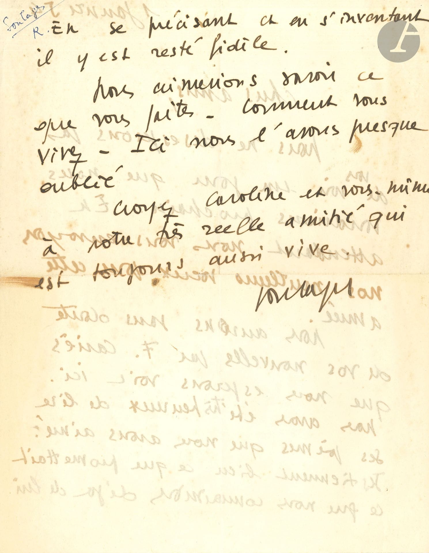 Pierre SOULAGES (1919-2022). L.A.S., 1er janvier 1954, [à Joseph et Caroline Delteil]; 2pages in-4.
«Chers amis, nous ne désespérons pas de vous voir un jour que nous voudrions prochain» Il leur envoie ses vœux, espérant avoir de leurs nouvelles par François Cariès [(1927-2015) poète et romancier montpelliérain]: «Nous avons été très heureux de lire ses poèmes que nous avons aimé: ils tiennent bien ce que promettait ce que nous connaissions déjà de lui. En se précisant et en s’inventant il y est resté fidèle»…