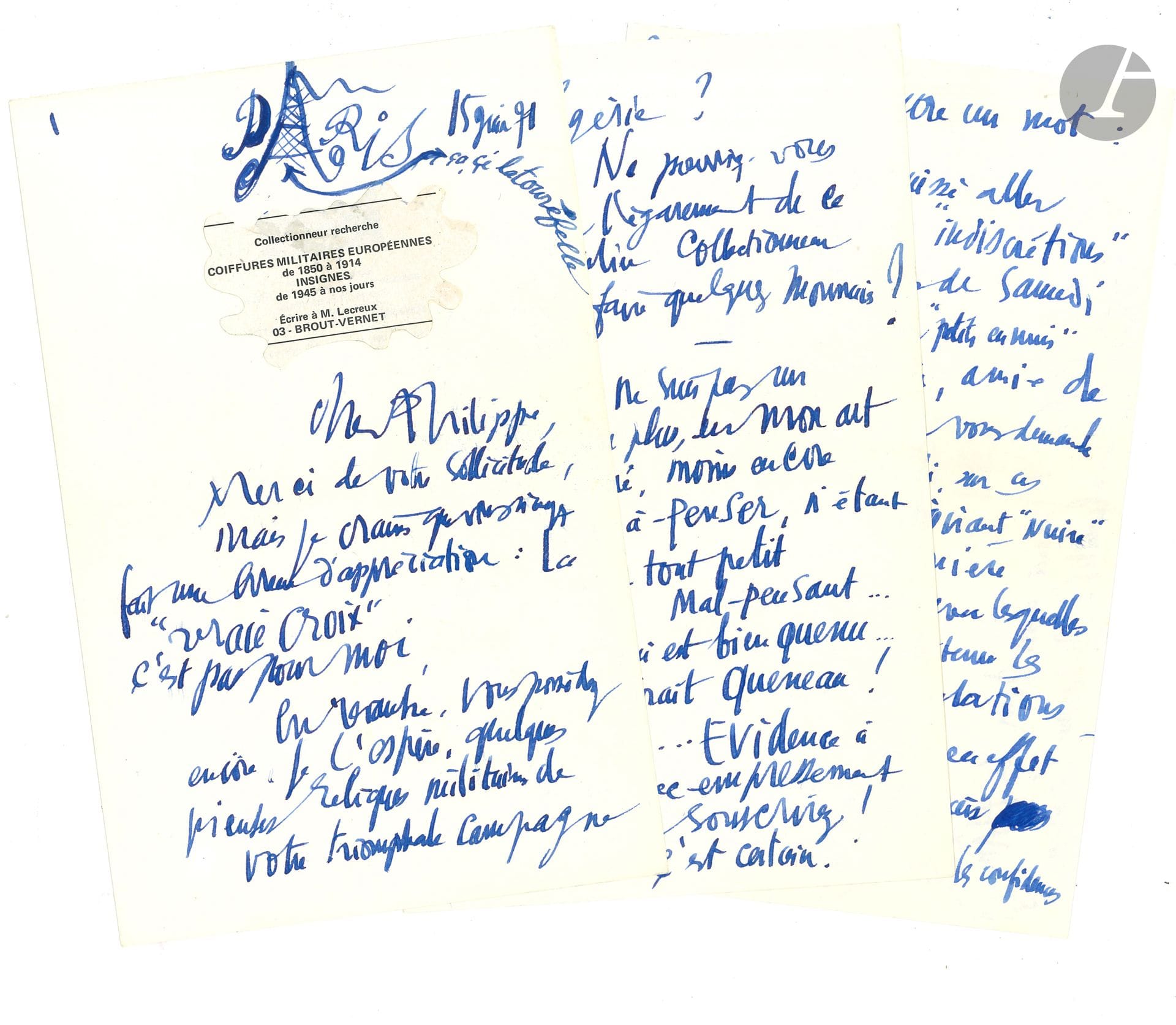 Maurice ESTÈVE (1904-2001). 5 L.A.S., Culan et Paris 1969-1971, au peintre Philippe Taillardat; 2pages in-4 et 14p. in-8, enveloppes timbrées.
Belle correspondance amicale illustrée d’un petit dessin de Tour Eiffel. – 24 nov. 1969, amusante lettre après l’envoi d’un catalogue qui n’est jamais arrivé. «Je n’oserai plus confier au service postal – en direction de votre adresse – les témoignages de mes immortels chef d’œuvres, fruits murs et savoureux d’un génie singulier bien que Berrichon et portant sous la calotte de l’Odéon la Bonne-Parole-Bidon ainsi que vous me l’avez révélé […] Philippe, j’ai beaucoup aimé vos toiles. Ça bouge, ça prend de l’ampleur, ça s’approfondit. Bravo, courage et joie!»… – 19 mars: «On travaille toujours avec difficulté et nous restons toujours en deçà de nos espoirs… à moins d’être né sous le signe de la grâce, du génie, de la Royauté, et de porter le nom glorieux de … MATHIEU, Ornement et Figure de proue de la Cinquième République»… – Bourbon l’Archambault, 12 avril: «Je suis “en cure” par ce temps résolument figuratif, il neige et il gèle»… – Paris 15 mai 1971 (le A de Paris en forme de Tour Eiffel). «Je ne suis pas un “Maître” non plus, en mon art bien-aimé, moins encore un Maître-à-penser, n’étant qu’un petit tout petit mal-pensant… Ce qui est bien quenu… dirait Queneau! […] Merci pour les “Hâmours d’Estève”, jeune plumitif!. Je savoure l’écriture très “villa Médicis” d’André Theuriet, Académicien, les illustrations du grand Fernand Fau ajoutent au plaisir… délicat de la lecture (c’est l’antidote de Léautaud)»…