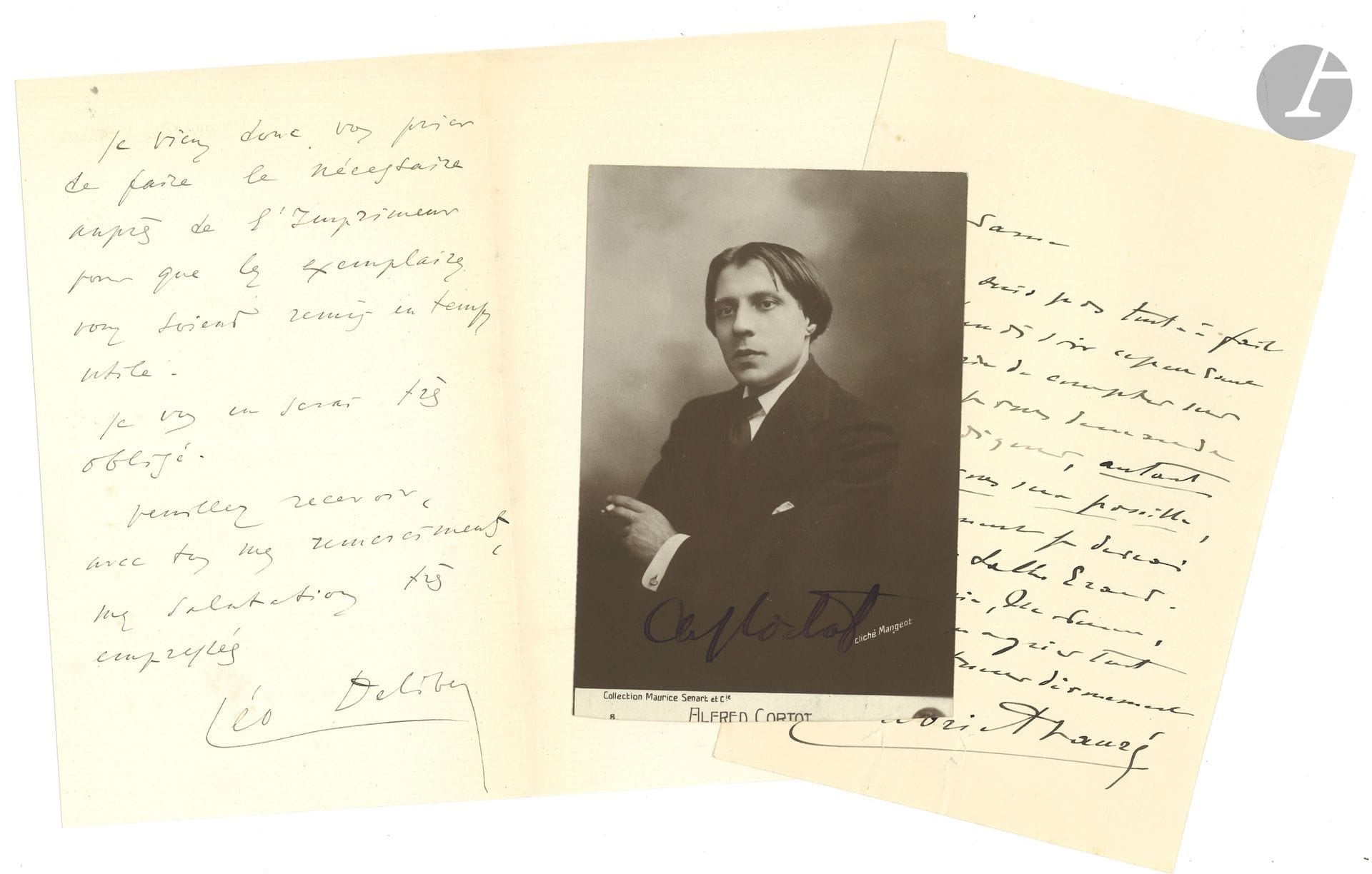 MUSIC. 6 L.A.S. and one signed photo.
Gustave Charpentier (on letterhead for Œuvre de Mimi Pinson), Alfred Cortot (signed photo), Léo Delibes (about his notice on V. Massé), Gabriel Fauré, Reynaldo Hahn (plus carte de visite), Édouard Lalo (list: "nombre des parties d'orchestre", plus one mélodie impr. with dispatch), Jules Massenet (plus proof of an article Massenet et Ambroise Thomas by H. Ferrare).