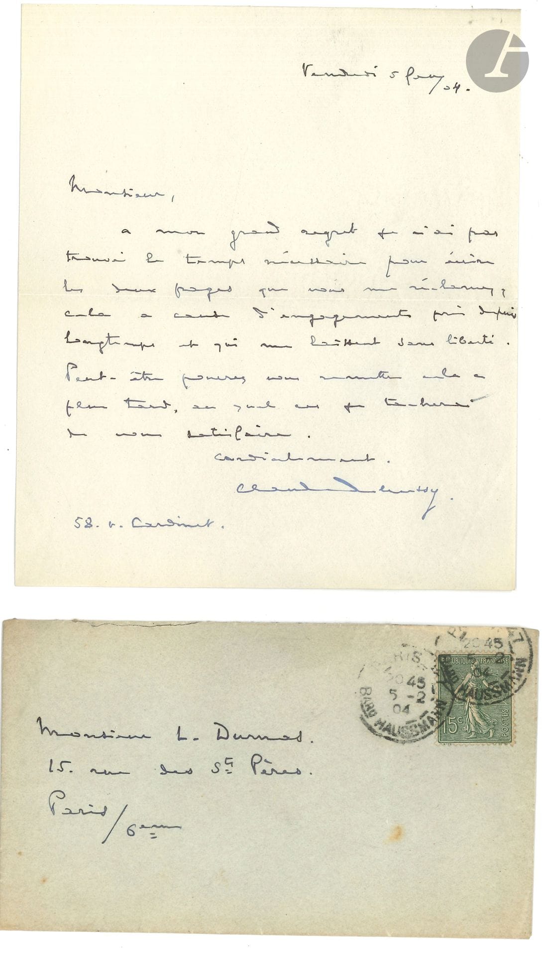 Claude DEBUSSY (1862-1918). L.A.S., 5 février 1904, à Louis Dumas; 1page in-8, enveloppe timbrée.
«À mon grand regret je n’ai pas trouvé le temps nécessaire pour écrire les deux pages que vous me réclamez, cela à cause d’engagements pris depuis longtemps et qui me laissent sans liberté. Peut-être pourrez-vous remettre cela à plus tard, au quel cas je tacherai de vous satisfaire»… Il donne son adresse: «58, r. Cardinet».