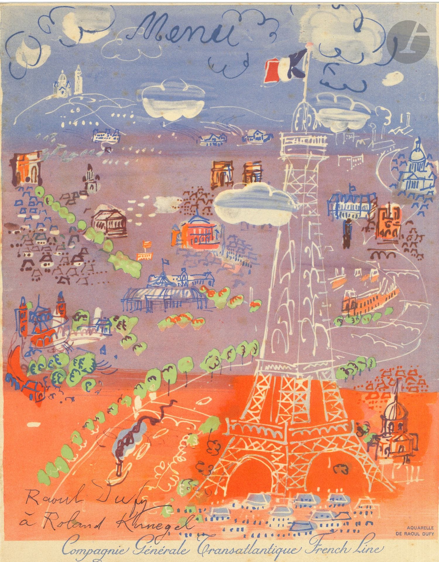 Raoul DUFY (1877-1953). L.A.S., Paris 24 mai 1936, à Roland Kunegel: 1page in-4.
Il le remercie de sa recette contre les rhumatismes et espère lui avoir «un exemplaire de mon Dr le Vin»…
On joint un exemplaire broché de Mon Docteur le Vin (Draeger, 1936) avec dédicace a.s. de Dufy à Roland Kunegel (avec lettre d’envoi de la librairie de la Plume d’or); et un menu du 20 août 1937 du paquebot Normandie illustré en couleurs de Dufy avec dédicace a.s. à Roland Kunegel.