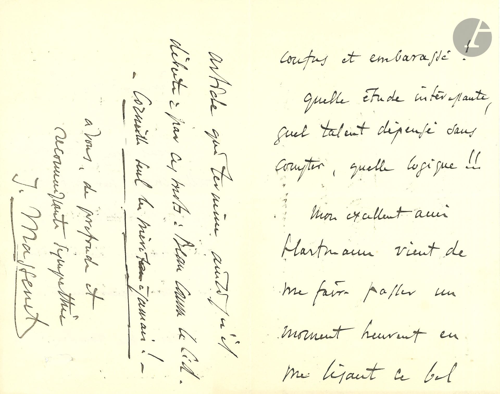 Jules MASSENET (1842-1912). 3 L.A.S., 1885-1896 et s.d.; 3pages in-8 chaque, 2 enveloppes (photo jointe, carte postale).
Paris 3 décembre 1885, sur Le Cid: «Vous avez dit de telles choses sur notre opéra qu’il est difficile d’être à la hauteur de vos éloges en vous remerciant!»… – Mardi, à Mathilde Marchesi, excuses après la 1ère d’un opéra où, à la suite d’une erreur, elle n’était pas… – Tournai [juillet 1896], au marquis de Castrone, remerciant des «vers exquis sur Manon», et mettant en garde sur le sujet de Sardanapale «traité d’une façon remarquable» par Joncières…