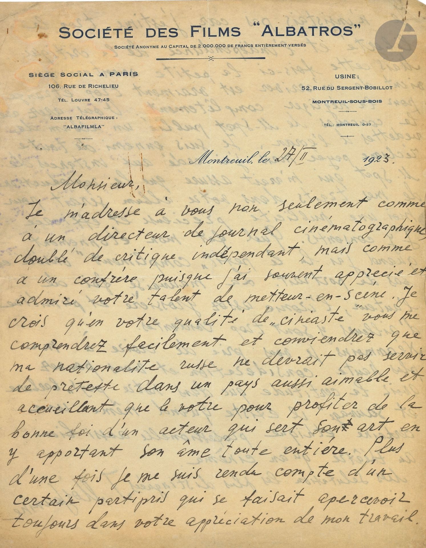 [Louis DELLUC]. 38 letters to him, mostly L.A.S., 1911-1923 (several letters wet).
Most concern Delluc's beginnings as a playwright, and his plays Le Geste, Trois p'tits tours, La Débutante, Comme la plume au vent, Francesca...
André Antoine, Jacques Blanchard (Théâtre des Arts), Gabriel Boissy, Louis Boucot, Jules Claretie, Max Dearly (5), Jean Dulac, Jacques de Féraudy, Lucienne Guett, Yvette Guilbert, Paul Letombe (Olympia), Charles Maudru (Théâtre Antoine), Maxime-Léry, Monna-Delza, Ivan Mosjoukine (Société des Films "Albatros"), Louis Nazzi, Lola Noyr (2), Gustave Quinson (plus 2 contracts signed with Delluc, 1917, for their collaborative play, La Semelle de ses souliers, with argument dactyl. enclosed), Francis Robin (Théâtre du Pré Catelan, 6), René Rocher (3), etc.
We enclose 10 L.A.S. or pieces by Maurice Barrès (autogr. draft page), Louise Colet, Léo Delibes, Fr. Étienne (trappe d'Aiguebelle), Albert Préjean (photo ded.), Charles Rémusat, Jules Taschereau (2), Jean Vatout (poem a.s.), outline of a talk on Le Sentiment musical.