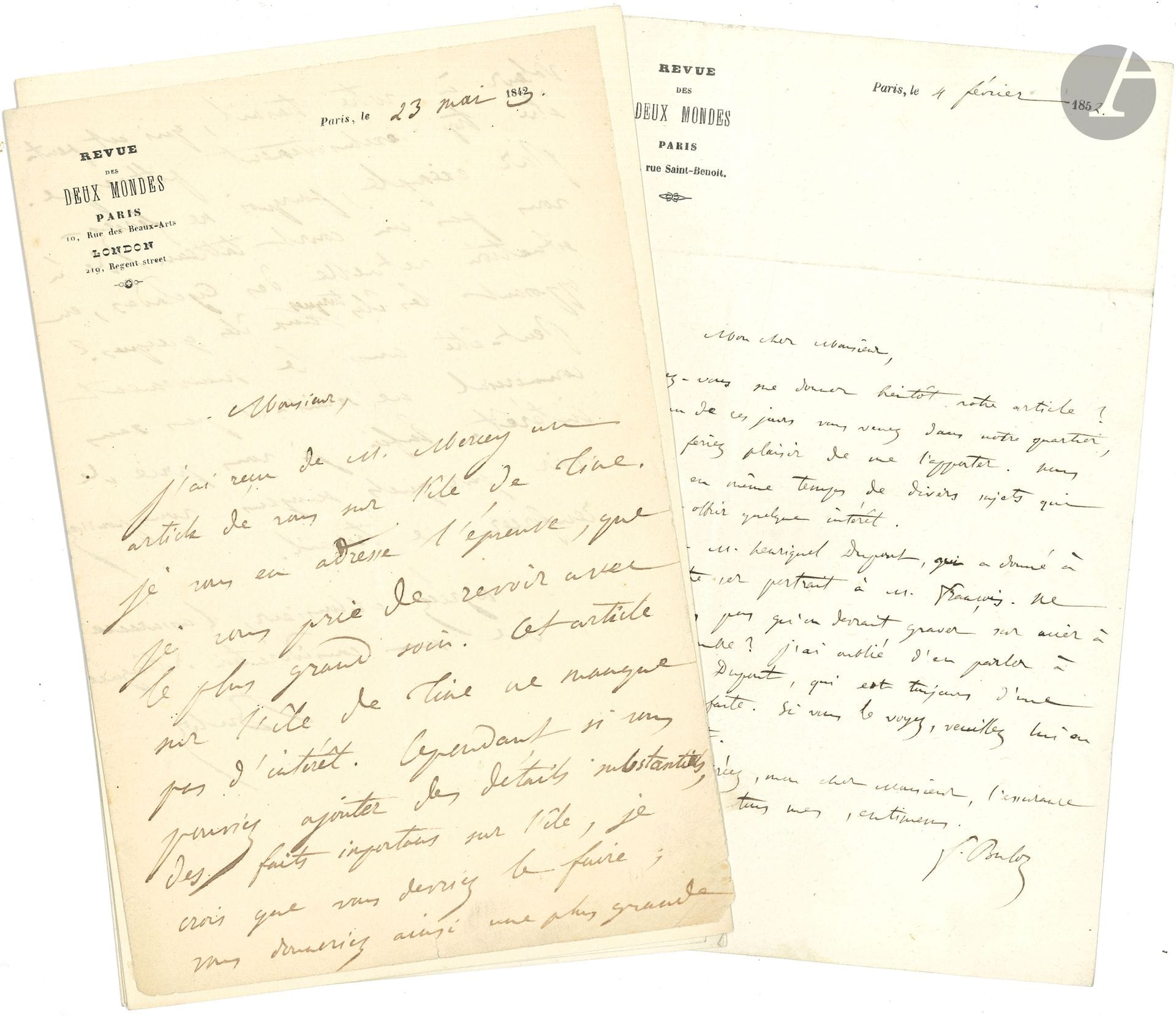 François BULOZ (1803-1877). 38 L.A.S. et 1 L.S., 1834-1875; 47pages in-8 à en-tête de la Revue des Deux Mondes.
Correspondance de 27 lettres au peintre et critique d’art Henri Delaborde (1811-1899)], 1843-1872, au sujet de ses articles sur l’art pour la Revue des Deux Mondes, sur les Cyclades, les ducs d’Urbin, «la peinture contemporaine», l’Histoire des peintres, «la gravure actuelle», les travaux d’art à Florence, le Salon, l’Exposition des Beaux-arts de Bruxelles, Flandrin, Raphaël, etc., et sur le portrait de Delaborde par Henriquel-Dupont…
12 lettres à différents correspondants: le baron Barchou de Penhoën, A. de Beauterne, Émile Deschamps, le général Gourgaud, Alexandre de Lavergne, Joseph Méry, Nestor Roqueplan, etc., dont une sur les conventions avec la Belgique au sujet des contrefaçons…