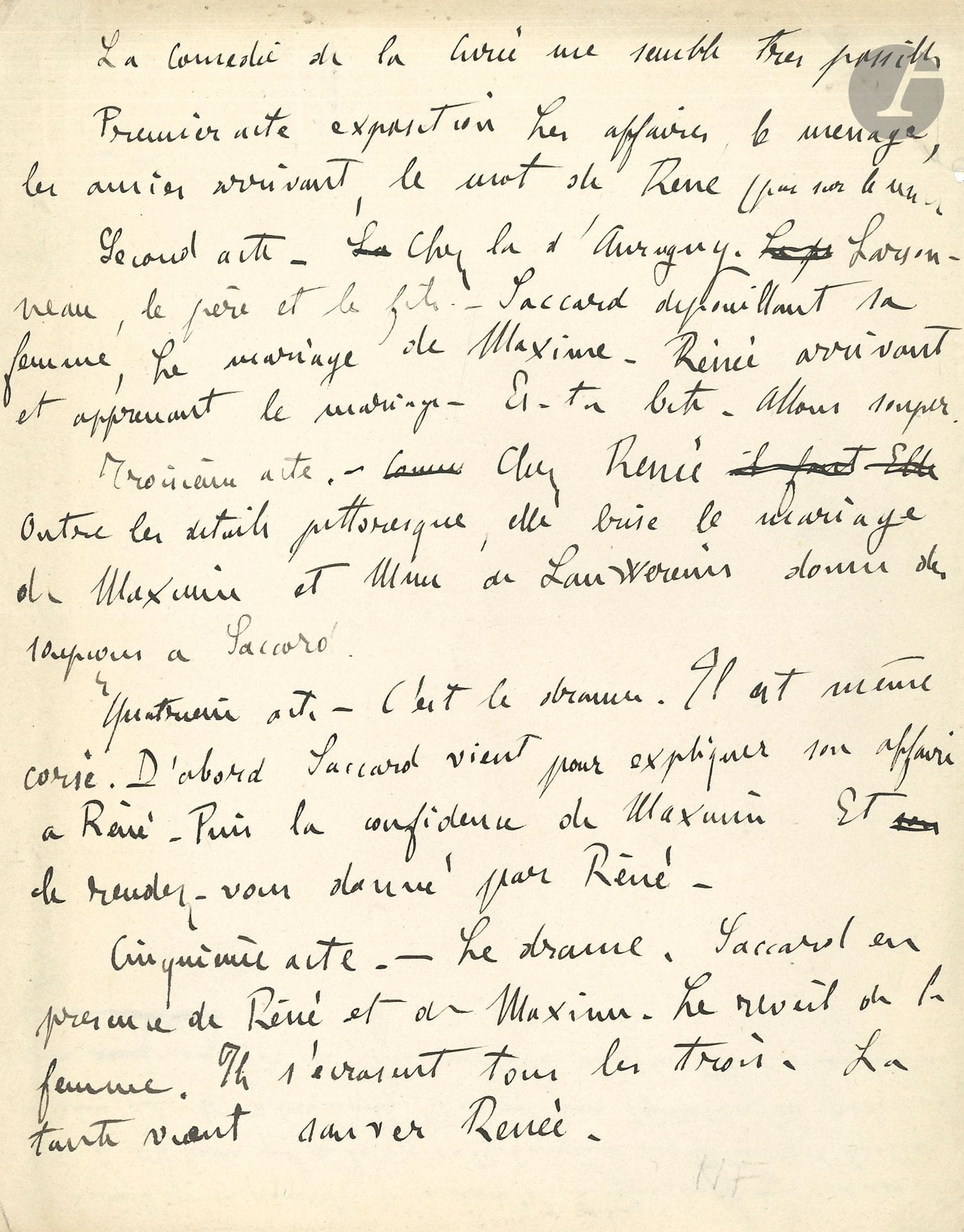 Émile ZOLA (1840-1902). Autograph manuscript; 1page small in-4.
Project for a stage adaptation of La Curée.
"The comedy of La Curée seems to me very possible. First act exposition. Business, household, friends arriving, René's note [...] Second act - Chez la d'Auragny. Larsonneau, father and son. -Saccard stripping his wife, Maxime's wedding - Renée arrives and learns of the wedding. [...] Fifth act. - The drama. Saccard in the presence of René and Maxime. The woman awakens. The three of them crash. The aunt comes to save Renée".
Verso, 4 autograph lines, draft abandoned and crossed out for La Faute de l'abbé Mouret (1875): "The sleeping church was to live at this hour only on the extra-human life of the God of the host, enclosed in the tabernacle"... 
[Renée, a drama in five acts by Émile Zola, taken from La Curée (1871), was first performed at the Théâtre du Vaudeville on April 16, 1887].