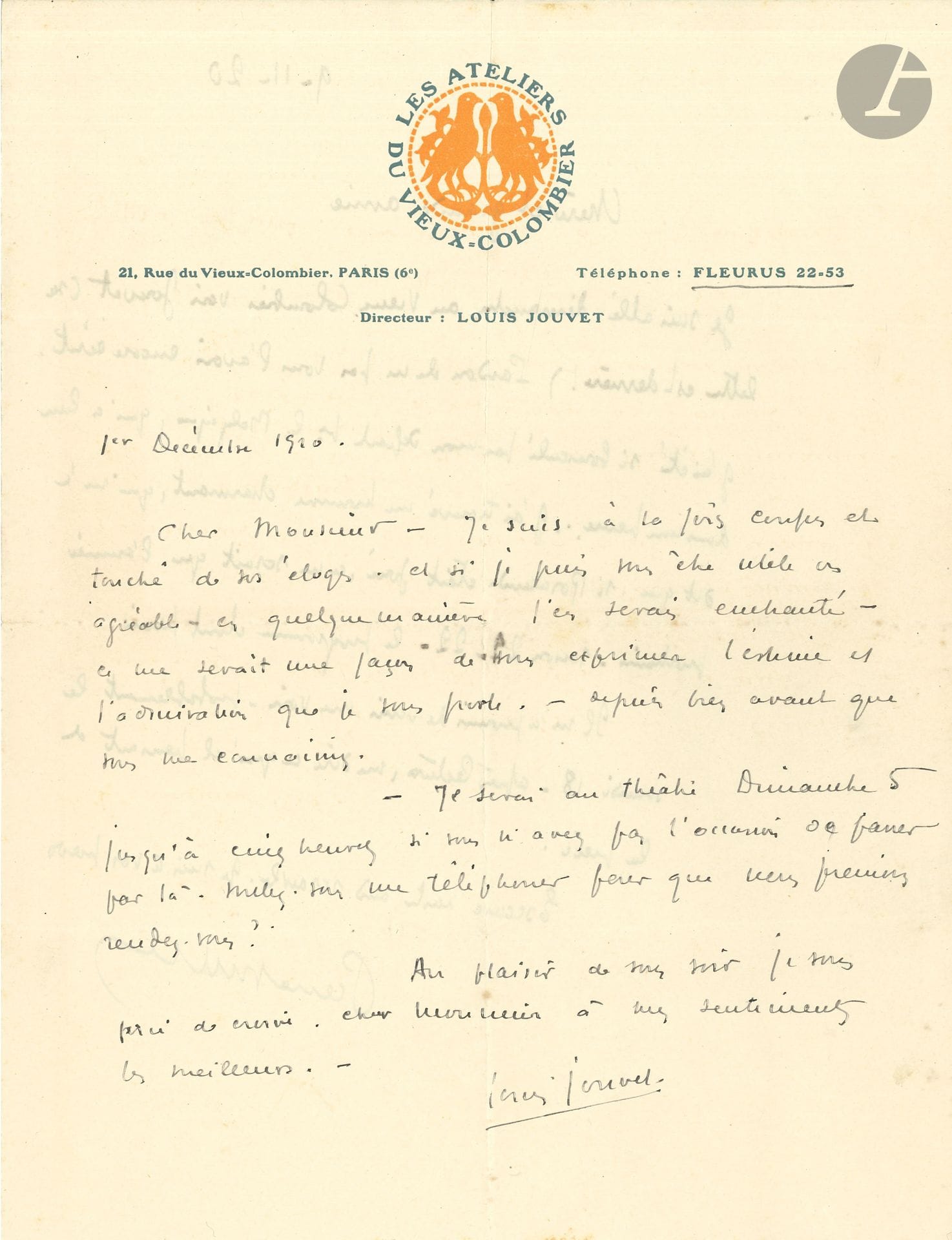 Louis JOUVET (1887-1951). L.A.S., Paris 1er décembre 1920, à Pierre Mille; 1 page in-4, en-tête et vignette Les Ateliers du Vieux-Colombier.
Il est «à la fois confus et touché» de ses éloges, et dit «l’estime et l’admiration» qu’il lui porte. Il aimerait le rencontrer au théâtre… Au verso, l.a.s. de Pierre Mille faisant suivre la lettre à la baronne Renée de Brimont et lui rendant compte de sa visite à Jouvet.
On joint une L.S. de Jouvet à Jules Truffier, 20 septembre 1937, lui envoyant sa conférence sur Molière.