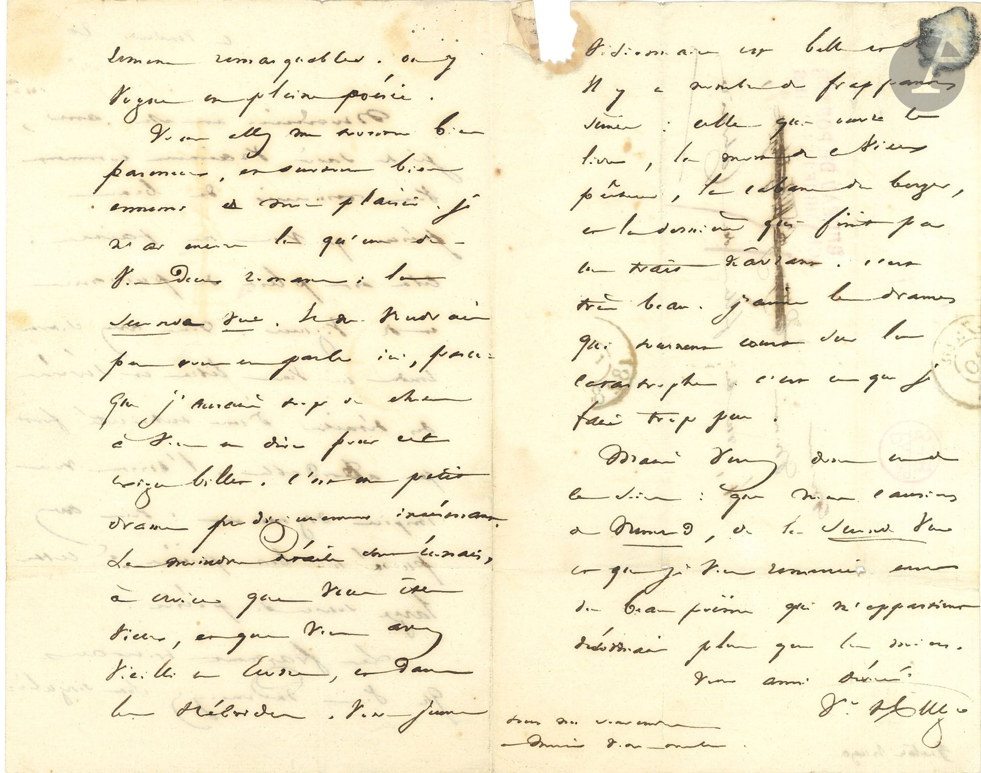 Victor HUGO (1802-1885). L.A.S., vendredi 20 [juin 1828], à Ernest FOUINET; 3pages in-8, adresse (nom du destinataire cancellé).
Il remercie d’un beau présent: «Vous avez souvent rendu en vers libres et sévères des détails d’une technicité fort peu abordable. L’Orient vous inspire dignement: vous avez puisé un beau poëme à cette large source de poésie. Les fragments orientaux que vous m’envoyez sont singulièrement remarquables. On y vogue en pleine poésie». Il n’a lu qu’un des deux romans de son correspondant, La Seconde Vue: «C’est un petit drame prodigieusement intéressant. Les moindres détails sont écossais, à croire que vous êtes vieux, et que vous avez vieilli en Ecosse, et dans les Hébrides. Votre jeune visionnaire est belle»… Hugo cite quelques «frappantes scènes» et avoue: «J’aime les drames qui tournent court sur la catastrophe. C’est ce que je fais trop peu»…
[Ernest FOUINET (1799-1845) a fourni à Hugo plusieurs fragments traduits de l’arabe et du persan, cités dans des notes des Orientales.]