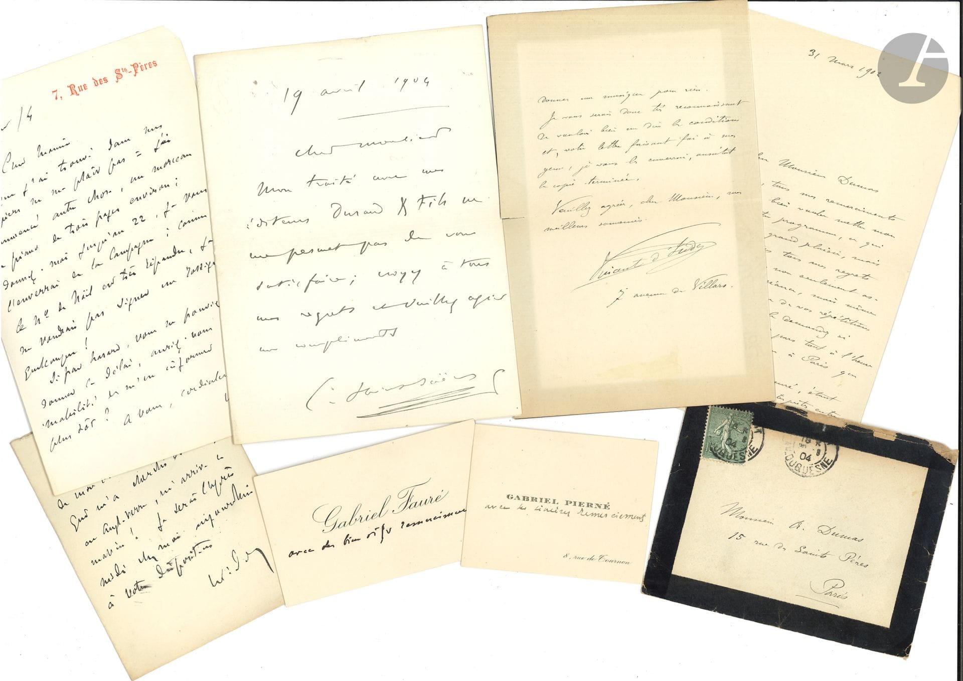 MUSIC. 6 L.A.S. and 2 autogr. cards to Charles or Louis DUMAS, 1902-1904; envelopes.
Gabriel Fauré (cdv), Vincent d'INDY (2), Gabriel Pierné (cdv), Camille SAINT-SAËNS, Charles-Marie WIDOR (3).