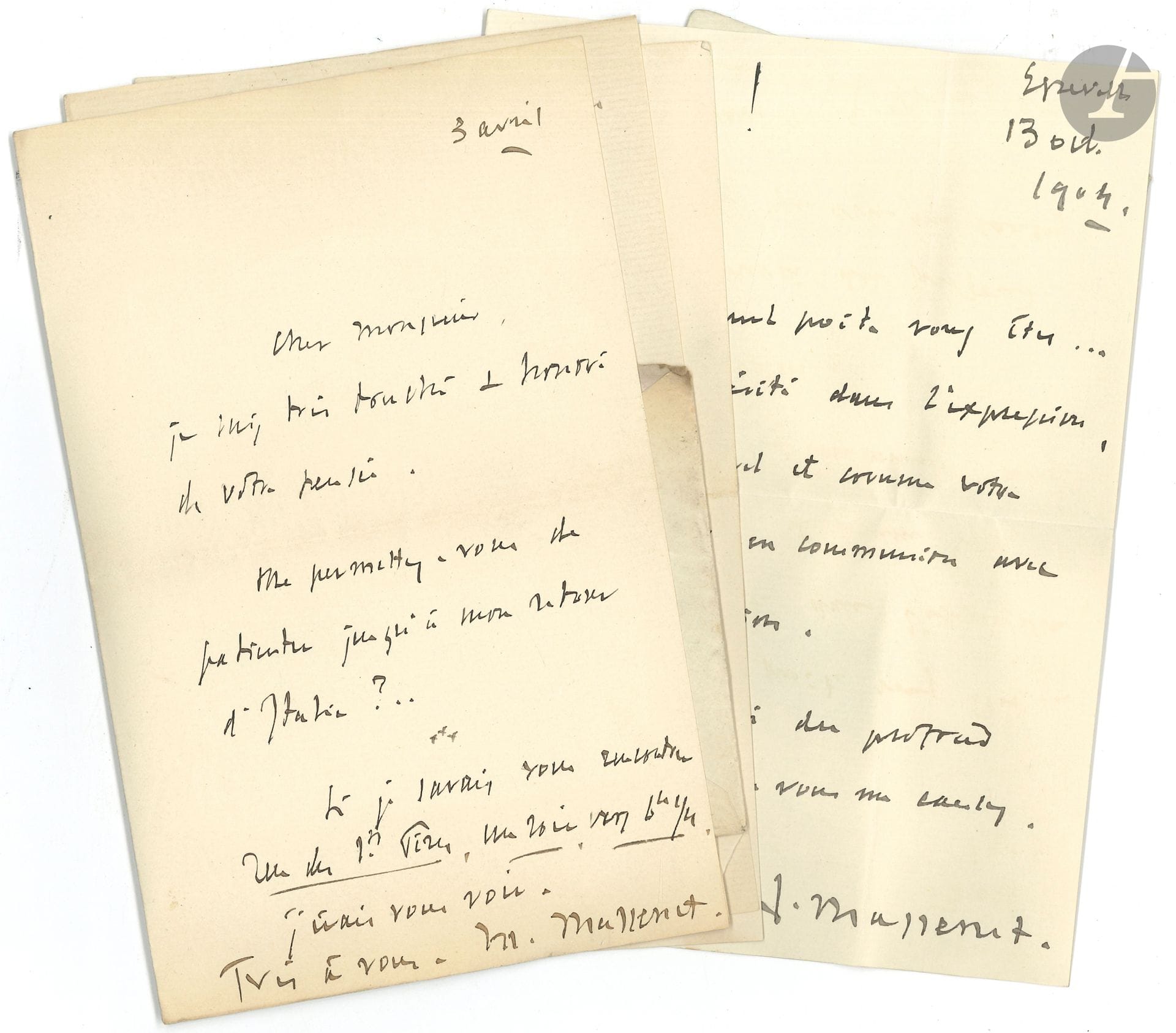 Jules MASSENET. 6 L.A.S. et 2 cartes de visite autogr., 1904-1906, à Charles Dumas au Figaro illustré; 10 pages in-8, 2 cartes de visite, 5 enveloppes, 2 cartes de visite vierges jointes.
3 avril 1904. «Je suis très touché et honoré de votre pensée». Il demande à aller le voir rue des Saints-Pères… 29 juin 1904. De passage à Paris demain, il lui donne rendez-vous au Ménestrel… 8 octobre 1904. Il est très contrarié que sa lettre de remerciements au directeur du Figaro illustré ne soit pas parvenue. «Jamais je n’aurais laissé sans réponse une telle faveur de M. Roger-Milès», qui l’a tant ravi. Il y disait aussi toute son admiration pour la composition des «illustrations émouvantes»… 13 octobre 1904. Remerciements pour l’envoi du recueil L’Eau souterraine:«Quel poète vous êtes, quelle sincérité dans l’expression, quel naturel et comme votre forme est en communion avec votre émotion. Merci du profond plaisir que vous me donnez. Votre dédicace est trop, beaucoup trop élogieuse!!!»… 7 avril 1905. Il avait pu l’an dernier obtenir de son éditeur «l’autorisation désirée. Je ne vois pas cette année la possibilité de la même faveur». Il l’assure de sa gratitude pour sa fidèle sympathie et exprime ses regrets: «J’avais été tellement honoré de ce que M. Roger-Milès avait fait pour moi l’an dernier!» Etc.