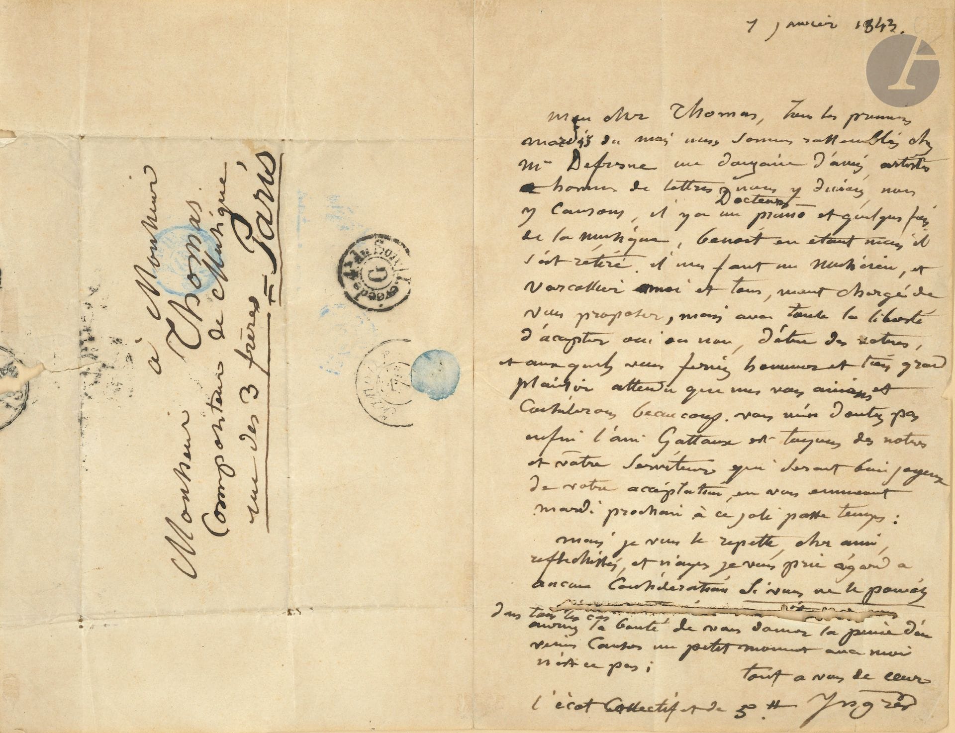 Jean-Dominique INGRES (1780-1867). L.A.S., [Paris] 7 janvier 1843, à Ambroise Thomas, «compositeur de musique»; 1page in-8, adresse (corrosion d’encre à une ligne biffée; lettre montée sur carton).
Réunions littéraires et musicales. [Ambroise Thomas s’était lié avec Ingres lors de son séjour à la Villa Médicis.]
«Tous les premiers mardis du mois nous sommes rassemblés chez Mr Defresne [Adolphe-Marcellin Defresne (1793-1869) secrétaire général de la Seine] une douzaine d’amis, artistes, hommes de lettres Docteurs – nous y dinons, nous y causons, il y a un piano et quelques fois de la musique, Benoit [le compositeur et organiste François Benoist (1794-1878)] en étant mais il s’est retiré. Il nous faut un musicien, et Varcollier moi et tous, m’ont chargé de vous proposer, mais avec toute la liberté d’accepter oui ou non, d’être des notres»…