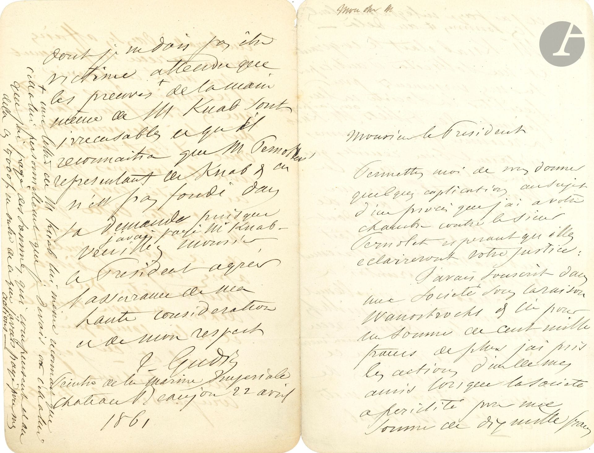 Théodore GUDIN (1802-1880). 7 L.A.S., 1861-1864, à M. Moulin, avocat; 15pages in-8 (la plupart deuil), enveloppes.
Correspondance relative à un procès qu’intente le peintre contre M. Pernollet, chez qui il avait investi pour cent mille francs en actions dans une compagnie qui a périclité; lui-même ayant entraîné des amis dans cette mésaventure…