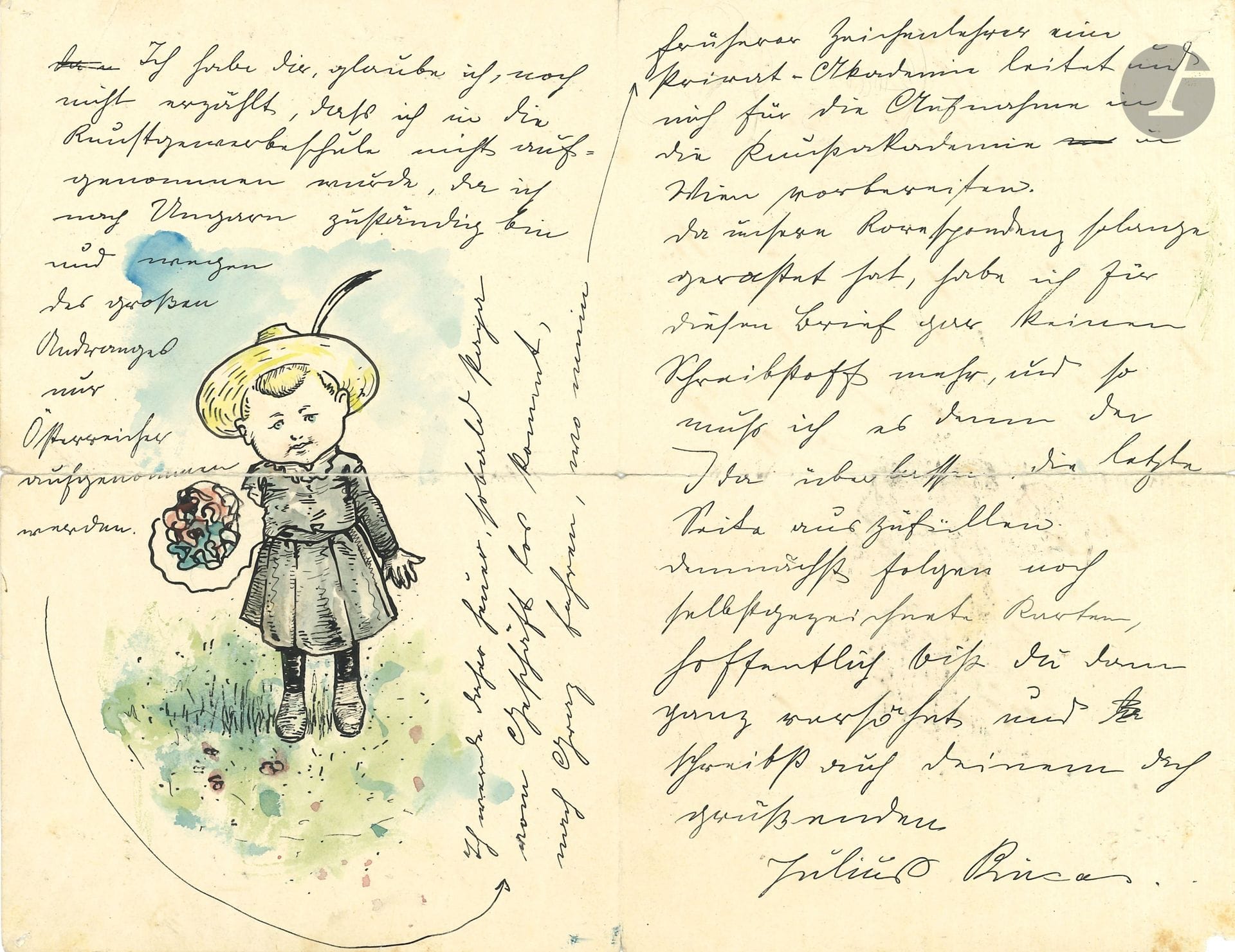 Jules PASCIN (1885-1930). L.A.S. and 4 letters to him, mostly L.A.S. (defects).
L.A.S. "Julius Pincas", illustrated with 4 watercolor pen drawings, Rustchuk mid-November 1901, to his beloved "Huhu", in German (4p. in-8, the 4th in another hand; cracks at folds); the drawings depict 3 sprites, one being chased by a butterfly, and one smoking a pipe near a camera, and a little girl holding a bouquet.
Letters to him: Charles Eyck (in German), André Salmon (on his work at Le Petit Parisien, and the preparation of an exhibition, while Pascin is in America), Lucie Badoud dite Youki (November 19, 1925, to Lucy and Pascin, on her stay in Japan with Foujita, 7 p.), and an unidentified letter with drawing of Mrs. Biddle's portrait.
Enclosed: - a L.A.S. from Lucie Utrillo to Camille Bombois (1948) about a portrait of Utrillo (plus a L.A.S. to Bombois by Mimi de Schulthess, 1952); - a typescript by Maximilien Gauthier, Cent historiettes sur les artistes de mon temps, with a.s. dispatch, paperback).