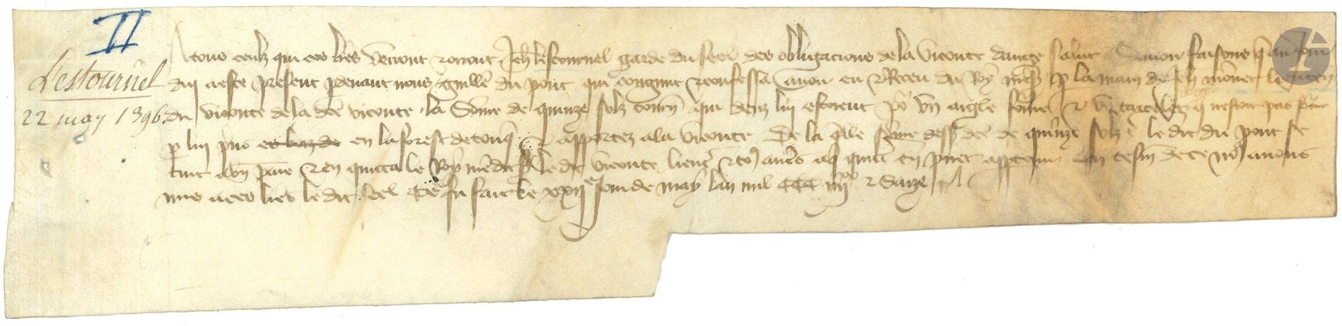FAUCONNERIE. Pièce manuscrite sur parchemin, 22 mai 1396; 6 x 26,5 cm. 
Sur la prise d’un aigle et d’un tiercelet dans la forêt de Touques (vicomté d’Auge).
Quittance délivrée par Jehan L’Estournel, «garde du scel des obligations de la viconte d’Auge», à Guillaume Du Pont, qui confesse avoir «eu et receu du Roy messire par la main de Jehan Monet lieutenant du vicomte de ladite vicomté, la somme de quinze sols tournois [...] pour un aigle fame et un tarcelier […] pris en la forest de Touques & apportez a la viconte»…