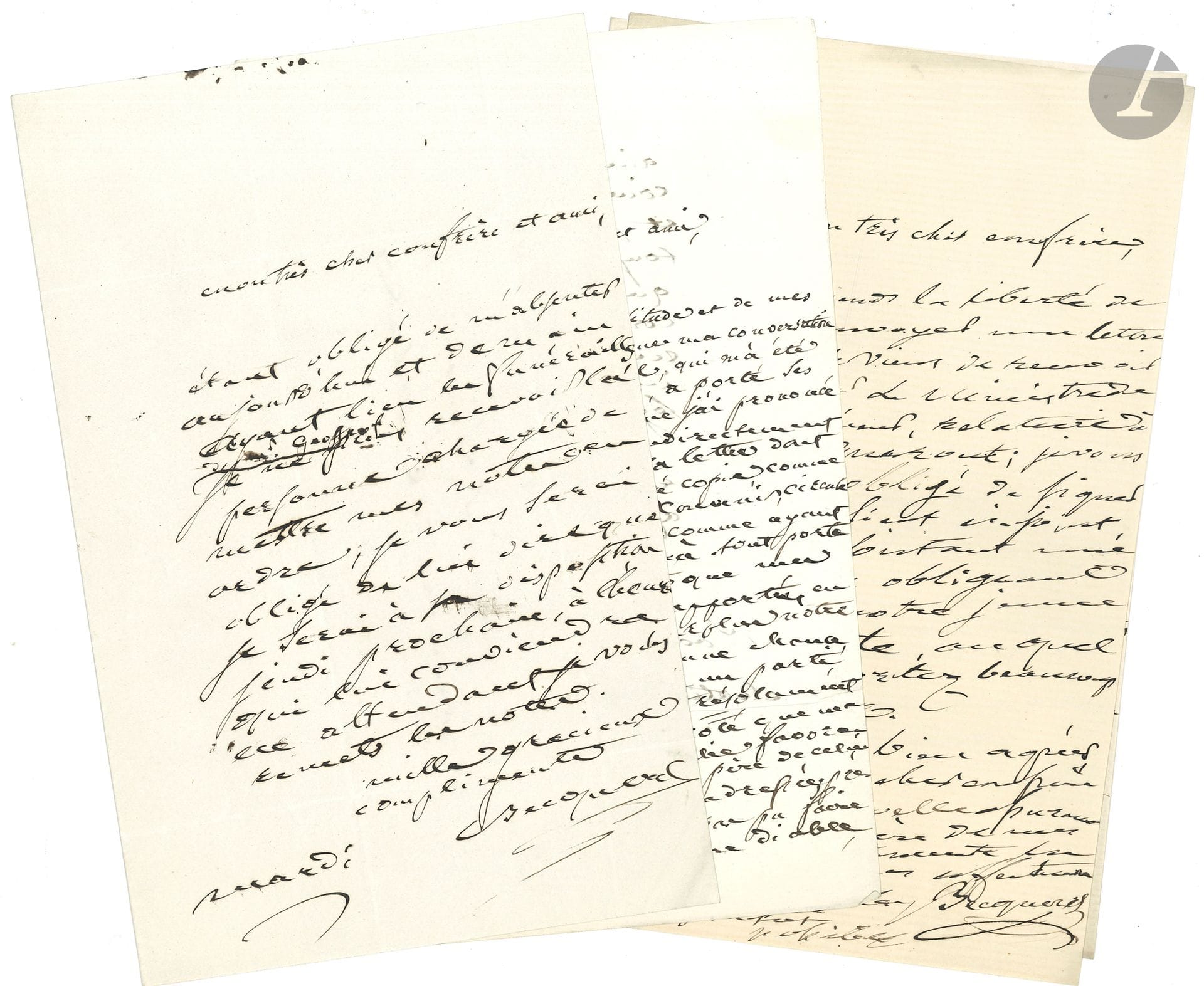 Antoine BECQUEREL (1788-1878), physicist. 4 L.A.S., 1858 and n.d., to chemist Edmond Frémy (1814-1894), professor at the Muséum; 5pages in-8, one address.
Having to go to the funeral of M. Geoffroy, he will not be able to receive the person in charge of putting his notes in order. He comments on a successful recommendation he made. One letter relates to a temporary quarrel between the two scholars. "The wording you propose smoothes out all the difficulties, since each of us retains all our rights. It is unfortunate that you did not think of it sooner, for you would have avoided clouds between us, which fortunately have now dissipated, and of which there will be no trace left to disturb our friendly relations [...]".