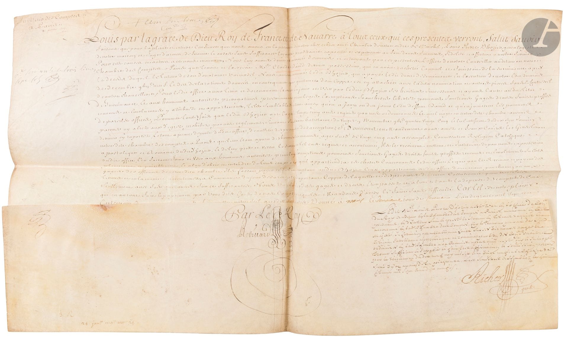 [Louis-Pierre d’HOZIER (1685-1767) 4e juge d’armes de France]. Pièce manuscrite, Paris 2 février 1710; parchemin in-plano.
Brevet de conseiller auditeur de Paris en faveur de Louis-Pierre d’HOZIER, chevalier de Saint-Michel, juge d’armes de France.