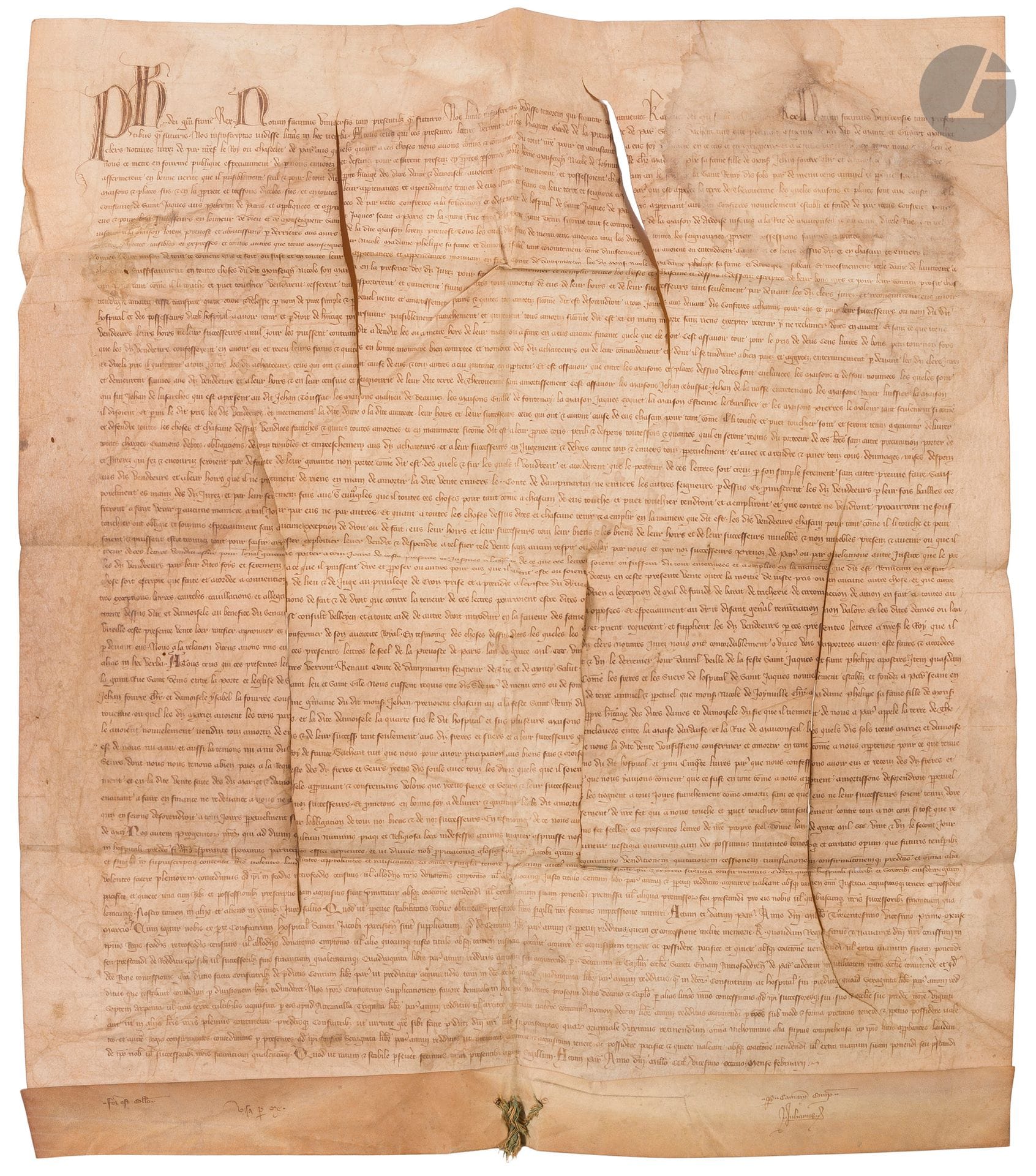 [CHARLES IV le Bel (1294-1328) King of France (1322-1328); last son of Philip the Fair, he was the last direct Capetian]. Charter (vidimus), February 1328; parchment 62 x 55 cm (lacerations, some consolidated on spine, and wetness, but text perfectly legible), remnants of green and red cordon.
Fondation de l'hôpital Saint-Jacques-aux-Pèlerins de Paris, rue Saint-Denis.
[The former Hôpital Saint-Jacques aux Pèlerins was founded by Parisian citizens who had made the pilgrimage to Santiago de Compostela, and who had formed a brotherhood to house pilgrims. It was authorized by letters patent from King Louis the Hutin on July 10, 1315. To settle a quarrel with the parish priest of Saint-Eustache, who feared that the hospital church would encroach on his parish, Pope John XXII issued a bull in 1320 authorizing the appointment of a clergy for the institution and its independence from the religious authorities of Paris. The hospital, administered by laymen, benefited from princely donations, including those from Charles de Valois and Jeanne de Bourgogne, as well as from wealthy notables, which enabled the hospital to expand by purchasing private houses, enlarging the buildings and adorning the chapel. Some donations were accompanied by pious foundations (perpetual masses or prayers) for the salvation of the donor. The hospital was demolished in 1823].
Vidimus made under Philip VI in 1328 (very early in his reign) of a letter from King Charles IV le Bel dated May 2, 1321, concerning a donation for the foundation of the Saint-Jacques-aux-Pèlerins hospital. Donation by "Noble homme monseigneur de Nicole de Joynville et madame Phelippe sa fame", of "the land and seigneury in Paris which is called the terre de Therouenne" and their revenues, "which houses and places are to the confreres of the confrerie de saint Jaques aus pelerins de Paris", sums destined to be "applied and apprized by said confreres to the foundation and edefiement of the hospital of saint Jaques de Paris belonging to said confreres newly established and founded by said confreres for themselves and for their successors in honor of god and monseigneur saint Jaques seant à Paris en la grant rue pres de la porte saint Denys [...] jusqu'a la rue de Mauconseil"... Large, clearly legible document (with the exception of a few words affected by wetness), containing numerous details.
Provenance: Joursanvault catalog, 1838, n°1052 "Lettres du roi Charles-le-Bel relatives à une donation faite par Nicole de Joinville et sa femme, pour la fondation de l'hôpital Saint-Jacques, situé rue Saint-Denis (1321), vidimus de 1328, very fine, well-preserved charter".