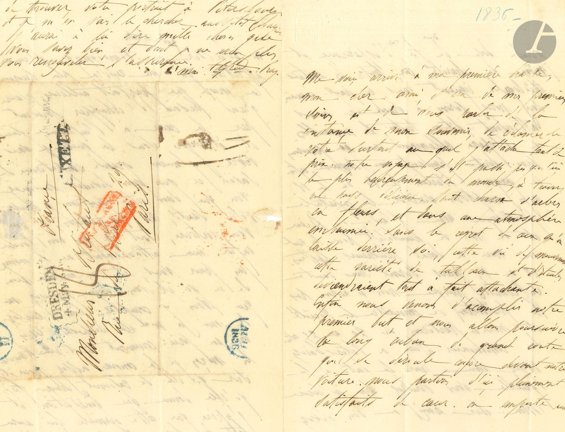 Alfred de FALLOUX (1811-1886) politician and minister. 3 L.A.S. "Alfred" or "A", 1836-1851; 8 1/2 pages in-8, addressed.
[Dresden May 4, 1836], to Charles Brifaut, on his journey to St. Petersburg; he is on his way to Berlin, which he hopes to visit with Humboldt's help... "One takes with him a large dose of faith, hope and even charity, for all the theological virtues reign in this country"... - [Paris January 9, 1847], to his wife, on his visit to Mme Swetchine and Lacordaire... - Venice March 28, 1851], to Count de Berton, on the Emperor's arrival in Venice: "The welcome was not enthusiastic, but good. A very large number of gondolas escorted the Emperor's for the landing at Triste. The cheers in St. Mark's Square were not very loud, but the entire population was there: all the windows were decked with flags [...]. Sometimes the Emperor and the Cte de Chambord exchanged visits"...
We enclose 3 other letters to his wife, dictated to his secretary Giraud (1860-1874), notably from Lucerne and Fribourg after his visit to the Count de Chambord in 1860; plus a L.A. from Countess Rzewuska (Opole February 24, 1841) to her nephew Falloux, congratulating him on his forthcoming marriage to Mlle de Caradeuc; and a beautiful L.A. from Mme Swetchine (Aix la Chapelle July 1, 1842) to Alfred and Marie de Falloux.