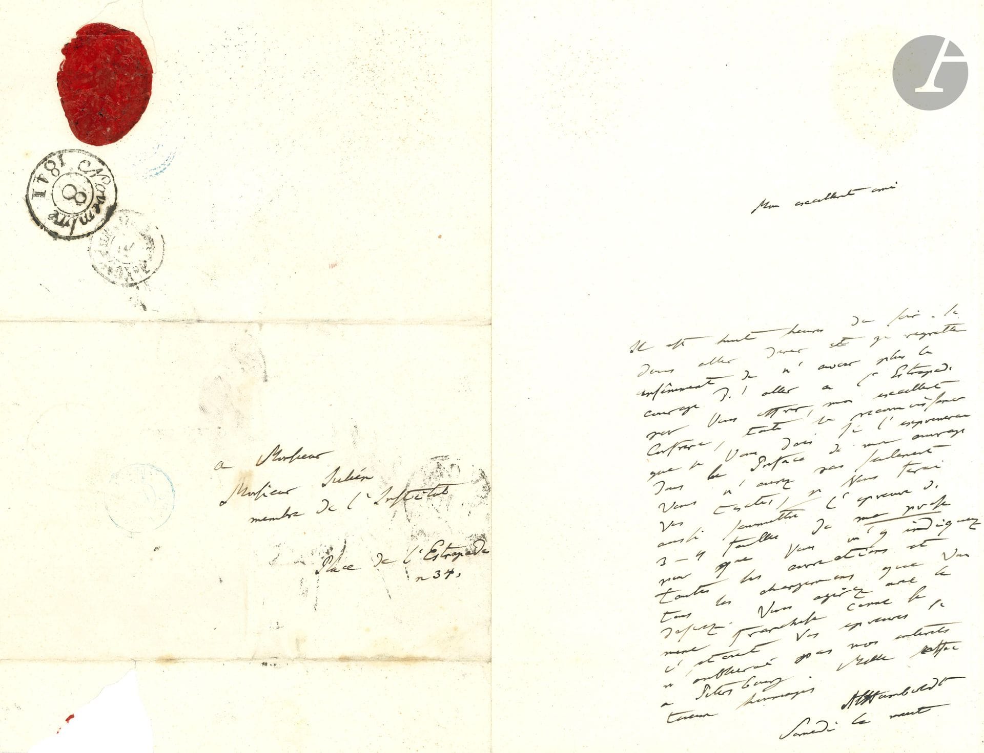 Alexandre von HUMBOLDT. L.A.S., [Paris 8 novembre 1841], au sinologue Stanislas Julien, de l’Institut»; 1page in-8, adresse avec cachet de cire rouge.
Sur le point de quitter la France, Humboldt, qui n’a pas le courage d’aller ce soir-là jusqu’à la place de l’Estrapade, veut une fois de plus assurer son «excellent ami» de sa reconnaissance: «Je l’exprimerai dans la préface de mon ouvrage. Vous n’aurez pas seulement vos textes, mais je vous ferai aussi transmettre l’épreuve de trois ou quatre feuilles de ma prose pour que vous m’indiquiez toutes les corrections et tous les changements que vous désirez»…