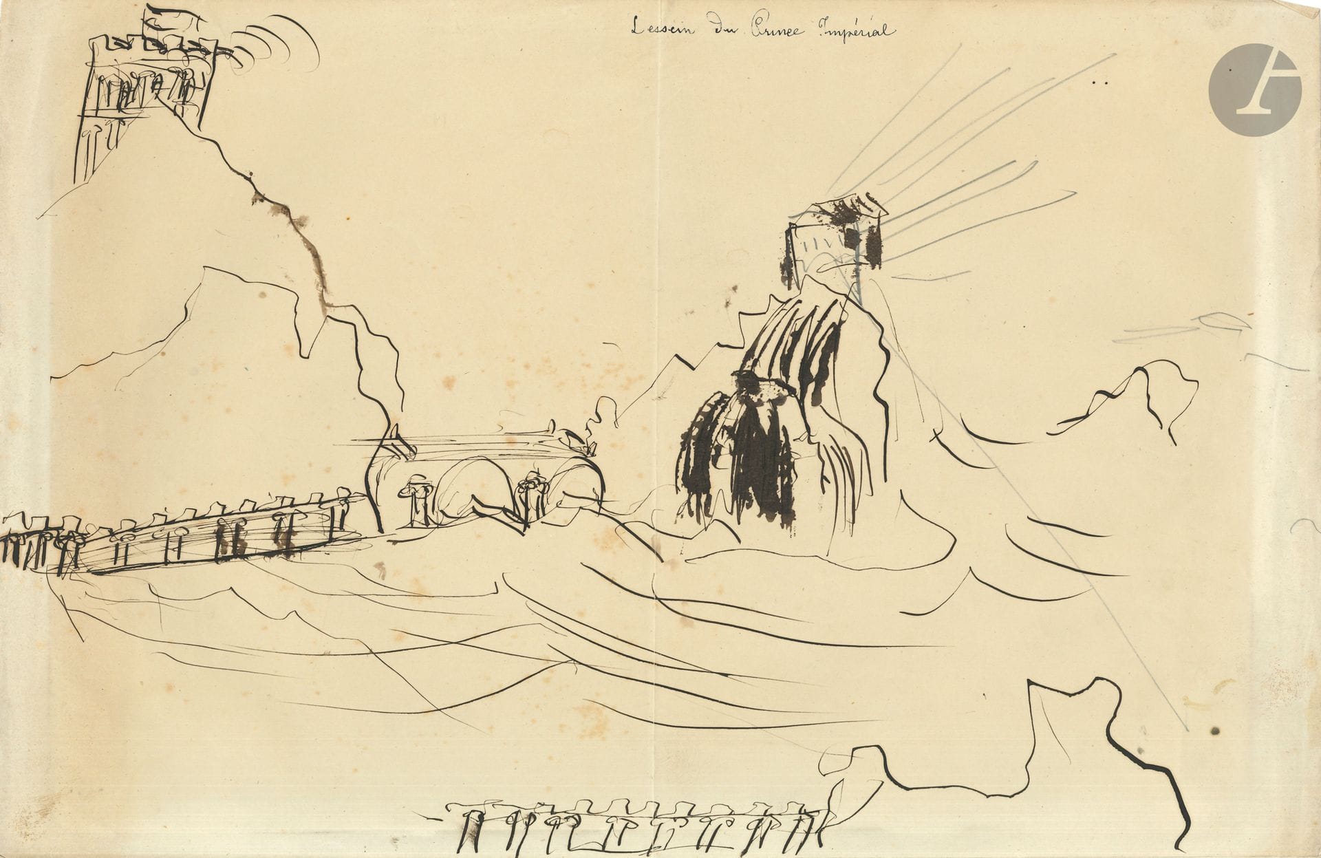 NAPOLÉON IV (1856-1879) Prince Impérial, fils de Napoléon III. Dessin original; 22,7 x 35 cm.
Dessin d’enfant à la plume, donné au ministre Eugène Rouher. Paysage montagneux, avec un pont, et traversé par des rails de chemin de fer. Sur deux pitons rocheux, une tour crénelée et une maison.
On joint une signature découpée avec 2 lignes autogr. du Prince Impérial; et une enveloppe a.s. par Eugène Rouher adressée à «Son Altesse impériale Monseigneur le Prince impérial» à Natal (Afrique australe).