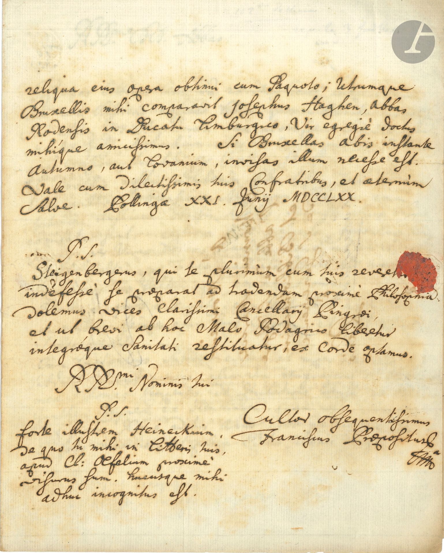 Franz TÖPSL (1711-1796), théologien, astronome et biologiste allemand, gardien de la bibliothèque de Polling. L.A.S. «Franciscus Praepositus», Polling (Bavière) 21 juin 1770, à Barthélemy Mercier de Saint Léger (1734-1799), directeur de la bibliothèque de Sainte-Geneviève; 3pages in-4, adresse; en latin. 
Intéressante lettre du bibliothécaire concernant des échanges de livres.
Les livres envoyés par l’abbé de Saint-Léger sont à Strasbourg, et Töpsl les attend avec angoisse. Il dresse une liste de livres qu’il a réussi à acquérir pour le compte de la bibliothèque Sainte-Geneviève, tant des livres modernes que des incunables importants (Lactance de Subiaco publié en 1468, le De imitatione Christi de Zainer imprimé en 1470 et la Cité de Dieu imprimée à Rome en 1470). Il mentionne le mariage à venir du Dauphin (futur Louis XVI) avec Marie-Antoinette d’Autriche et fait allusion à un événement funeste (certainement le drame survenu à cause d’un mouvement de foule place Louis XV). Il indique qu’il verra peut-être l’illustre Heineckius, dont Saint-Léger lui a parlé dans ses lettres, chez Cl. Olfelius…