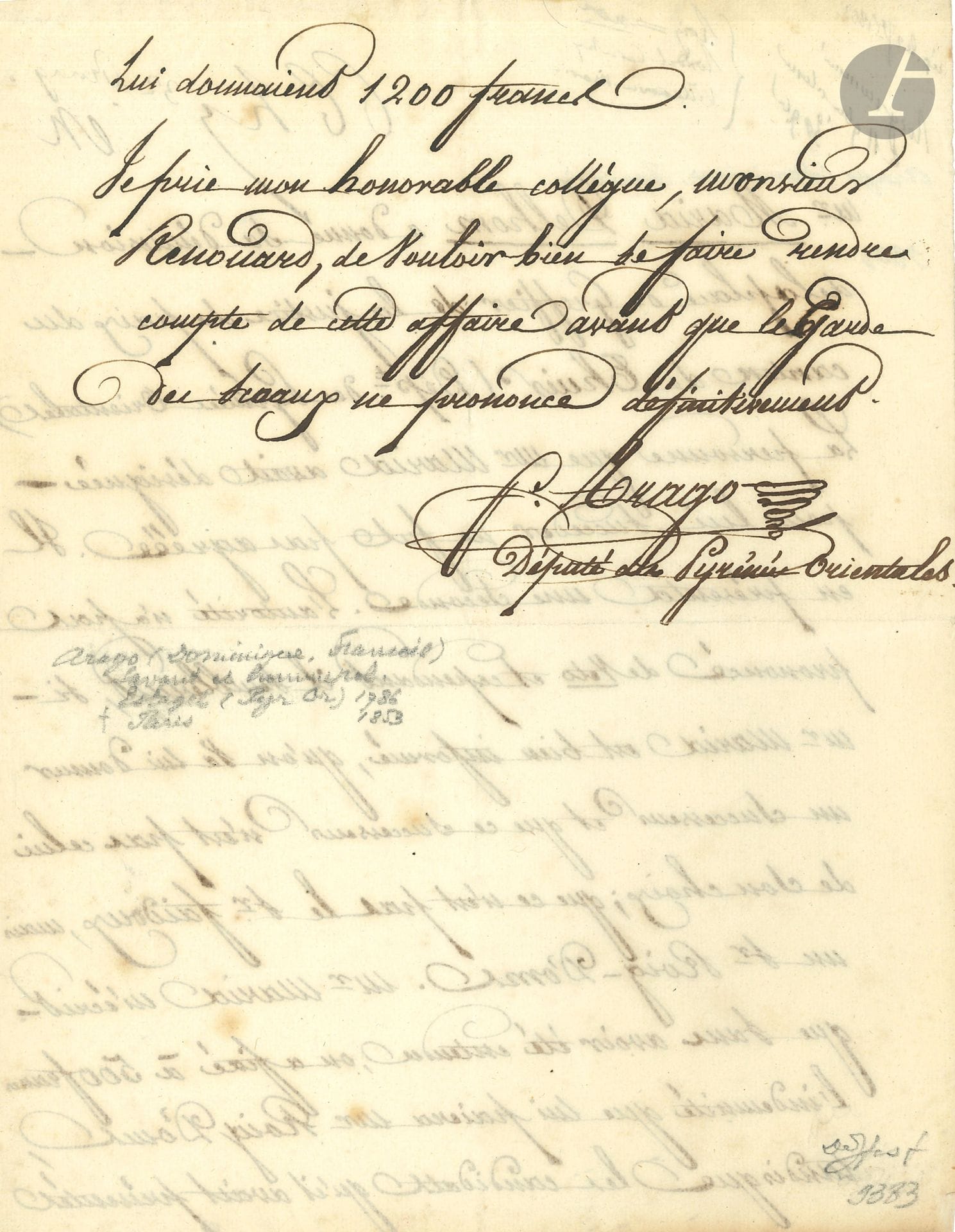 François ARAGO (1786-1853). L.A.S., à son collègue Renouard; 1 page et demie in-4. Portrait gravé joint.
En tant que Député des Pyrénées Orientales, il prévient de la démission du «greffier de la justice de paix du canton de Thuis», et des problèmes causés par sa succession. Il prie son «honorable collègue M. Renouard» de rendre compte de cette affaire avant que le Garde des Sceaux ne se prononce définitivement…