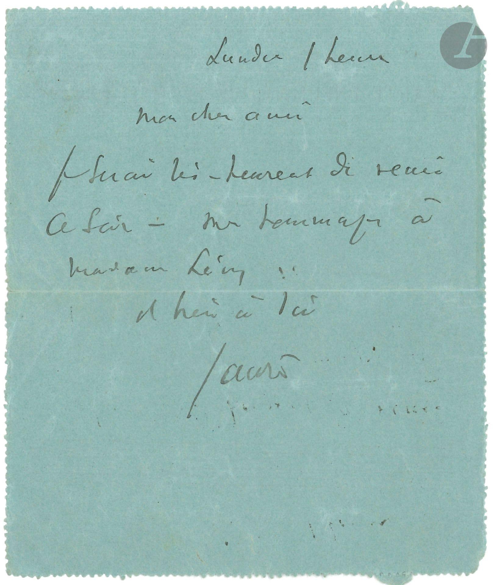 Jean JAURÈS (1859-1914). L.A.S., "Monday 1 o'clock" [October 31, 1898], to Professor Lévy-Bruhl; 1page in-12, address on back (pneumatic card).
"Mon cher ami, je serai très heureux de venir ce soir - Mes hommages à Madame Lévy, et bien à toi".