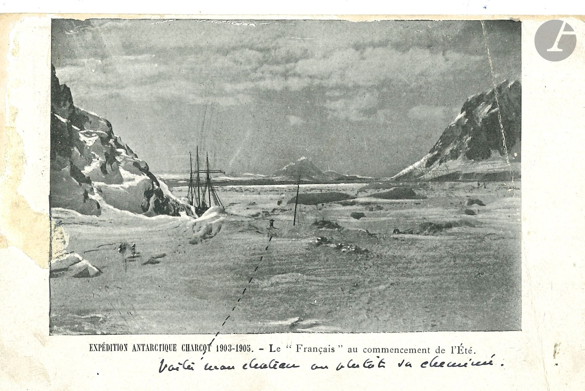 Jean CHARCOT. L.A.S. «Jean», [Paris 13 avril 1914], au Dr Maurice de Fleury, au dos d’une carte postale illustrée, avec adresse et timbre.
Sur la carte postale légendée Expédition Antarctique Charcot 1903-1805 – Le “Français” au commencement de l’été, Charcot a tracé une ligne en pointillé jusqu’à une petite cheminée émergeant des glaces et écrit: «Voilà mon château ou plutôt sa cheminée». Au dos, il écrit quelques lignes amicales: «Mon vieux, ta malade va bien elle a digéré son énorme repas de Pâques et est très sage»...