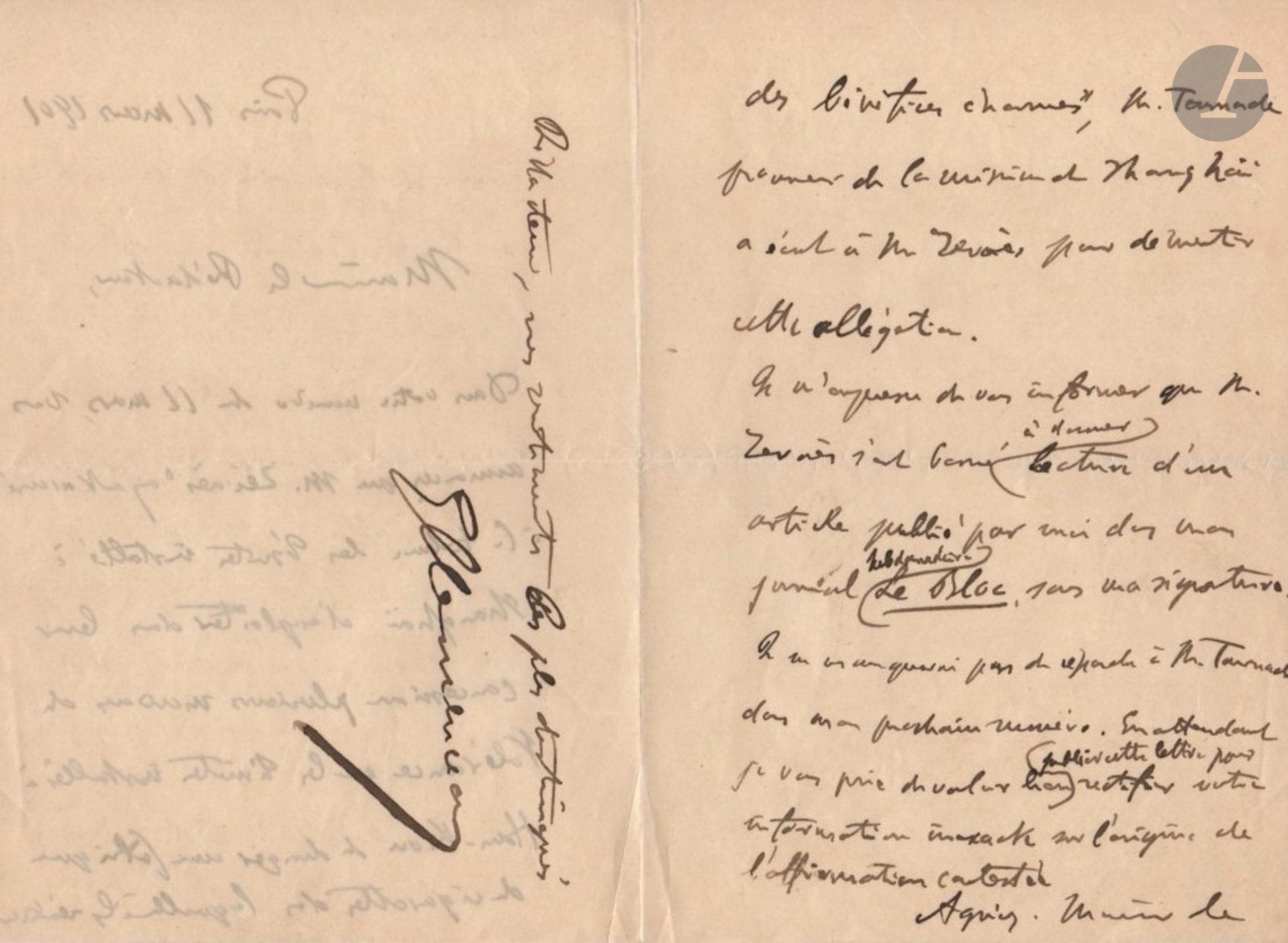 Georges CLEMENCEAU (1841-1929). 3 L.A.S., 1899-1903; 4pages in-8 and 2pages in-12 (1st letter soiled).
November 2, 1899 (on the letterhead of the newspaper La Justice), to a friend, whom he had been slow to thank for the support he had given in his election campaign: "The campaign has been tough over there. I didn't get the Paris papers, and when I came back I was a bit like a barbet coming out of the water after a hard dive"...
March 11, 1901, to an editor. Clarification after remarks by Zévaès falsely accusing "the Jesuits installed in Shanghai of operating several brothels in their concession and the Jesuits installed in Han-Kéou of running a cigarette factory", reprinting an article by Clemenceau in Le Bloc.
February 3, 1903 (on Senate letterhead), to a friend whose "services you have constantly rendered to the good cause have been recognized by the government of the Republic"...
We enclose 3 l.a.s. and 1 l.s. from Michel Clemenceau to Mme Ranc, 1946-1956.