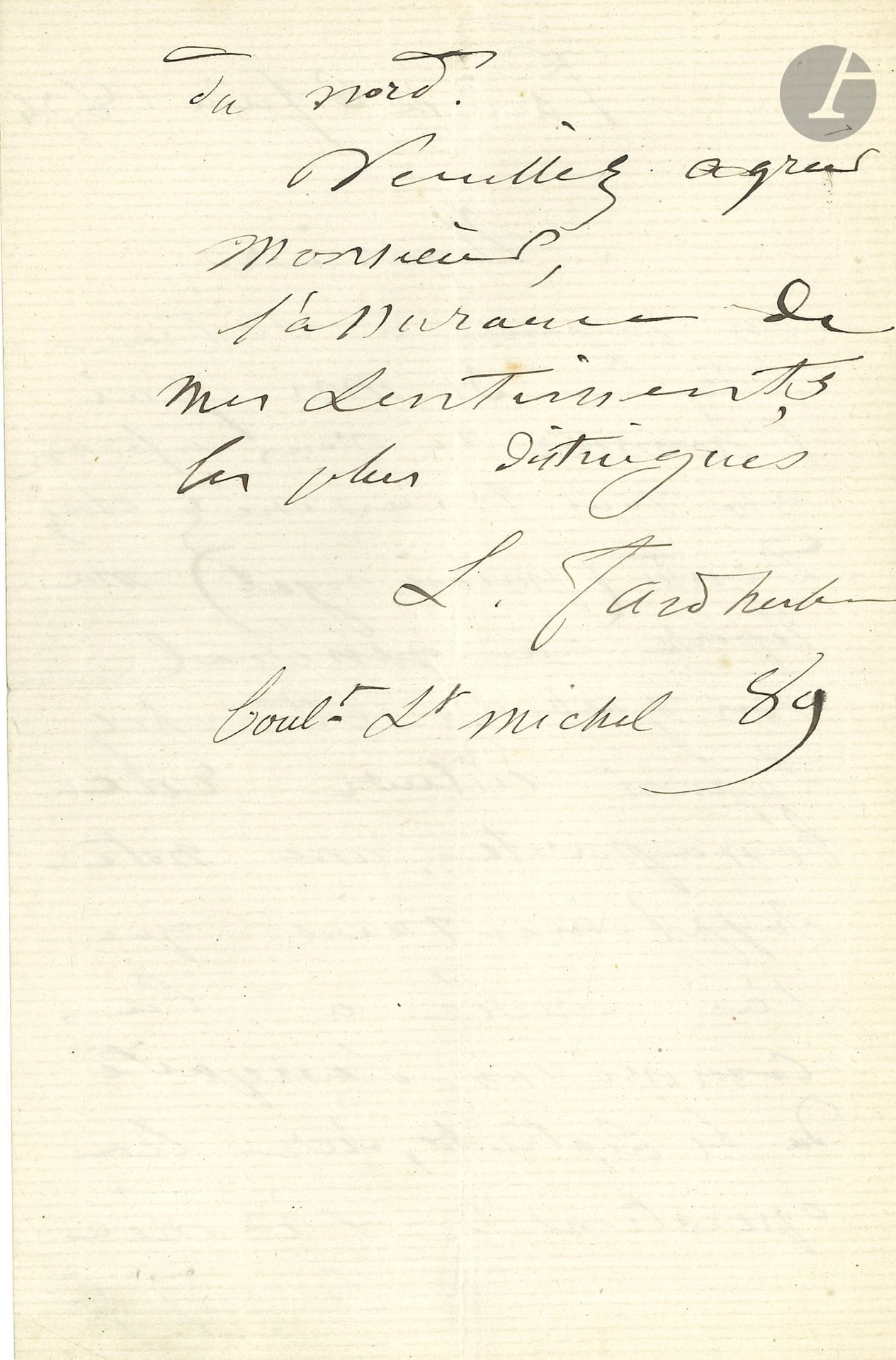 Louis FAIDHERBE (1818-1889) general. L.A.S., June 6, 1874; 1 1/2 pages in-8.
Informs his correspondent that he will be able to find his publication Armée du Nord. Réponse à la relation du général von Goeben, pour suite à la Campagne de l'armée du Nord [Paris, Dentu, 1873] chez l'éditeur Dentu au Palais-Royal, mais aussi chez Dupont, éditeur rue Bonaparte "une note supplémentaire que j'ai adressée à la Commission d'enquête du 4 septembre, sur les opérations de l'Armée du Nord"...
Attached is a photocopy of a notarial deed dated November 7, 1858, concerning Faidherbe as Governor of Senegal.