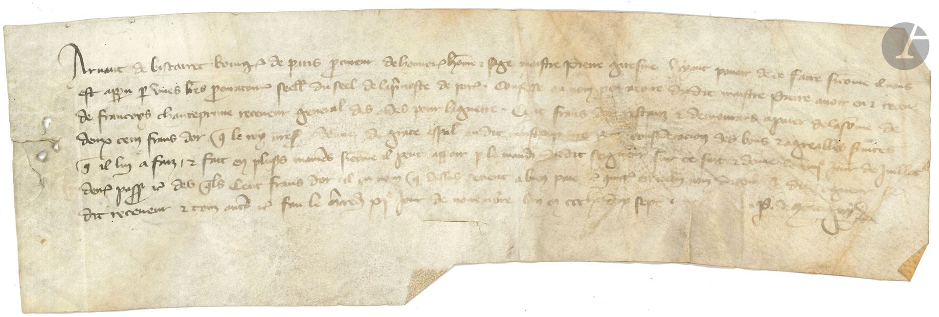 [CHARLES V le Sage (1338-1380) Roi de France]. Pièce manuscrite sur parchemin, 11 novembre 1377; 8,5 x 26,5 cm.
Don du Roi pour services rendus: Arnaut de Bistairet, bourgeois de Paris, confesse avoir reçu de Francoys de Chantepinne, receveur général des aides pour la guerre, la somme de cent francs d’or à valoir sur celle de deux cents «que le Roy messire donne de grâce […] pour considération des bons et agréables services qu’il luy a faiz et fait en plusieurs manières»...