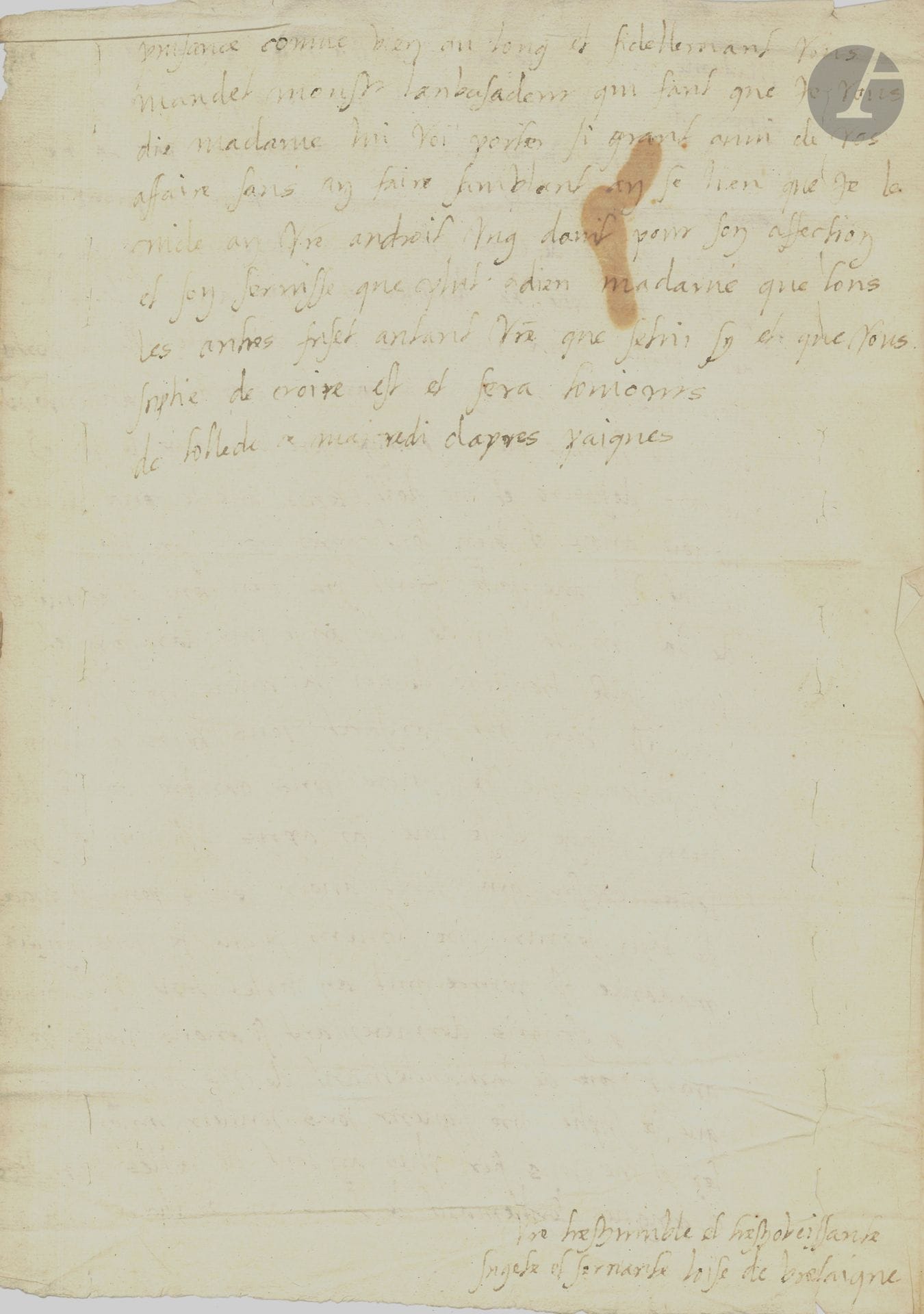 Louise de Bretagne-Avaugour, dame de CLERMONT (1518-1608) honorary daughter of Marguerite de Navarre, lady-in-waiting to Queen Elisabeth de Valois of Spain and later to Catherine de Médicis. L.A.S. "Loyse de Bretaigne", Toledo Wednesday after Easter [1560?], to Queen Catherine de Médicis; 1 1/2 pages in-fol. addressed to "La Raine ma souveraine dame" (ink a little pale, small cracks in the stitching).
News from Queen Elisabeth to her mother, and from King Philip II.
The Queen wishes to assure her mother "of the good will the King has for you", and "of the paine anquoi he is of your affairs"; "she is doing very well thank God and is making herself so great and anbonpoint that it is home quite strange veu son aige". When the King returns, they will leave for Segovia and the country of Aragon. The Queen looks forward to seeing her mother soon... Etc.