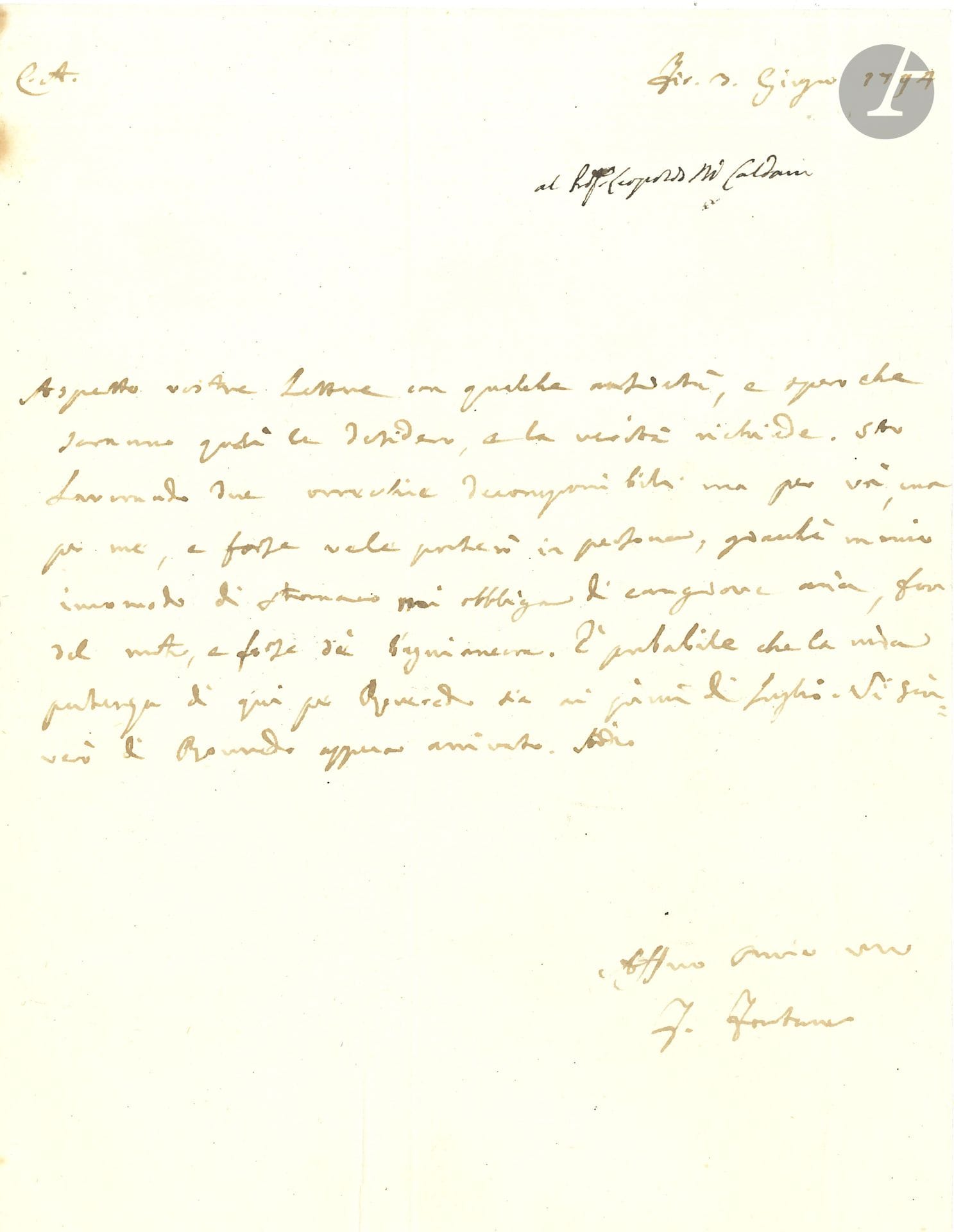 Felice FONTANA (1730-1805) Italian naturalist and herpetologist. L.A.S., Florence June 3, 1794, to Italian physiologist Leopold Caldani (1725-1813); 1page in-4; in Italian.
He awaits his letter, hoping it will be as he wishes, and as the truth requires...