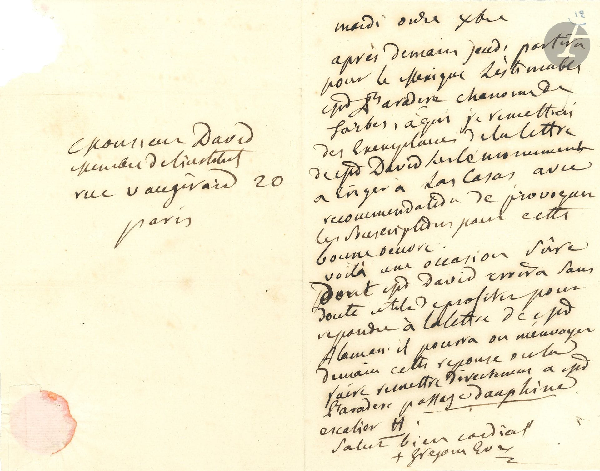 Henri GRÉGOIRE (1750-1831) prêtre, député du clergé du bailliage de Nancy aux États Généraux, évêque constitutionnel de Blois, député du Loir-et-Cher à la Convention, il lutta pour l’émancipation des Juifs et l’abolition de l’esclavage. L.A.S., 11 décembre [1827?], à David d’Angers; 1page in-8, adresse.
Projet de monument à Las Casas. Il annonce le départ pour le Mexique d’un chanoine de Tarbes, «à qui je remettrai des exemplaires de la lettre de Mr David sur le monument à ériger à Las Casas, avec recommandation de provoquer les souscriptions pour cette bonne œuvre»…
On joint 11 lettres ou pièces par Philibert Audebrand, Prosper de Barante (4 l.s.), le père Captier, Henri Didon, John Lemoinne (à Huxley), Jacques Monsabré, Adolphe Quetelet, Ch. de Rémusat, plus une carte de visite de Cl. Colson.