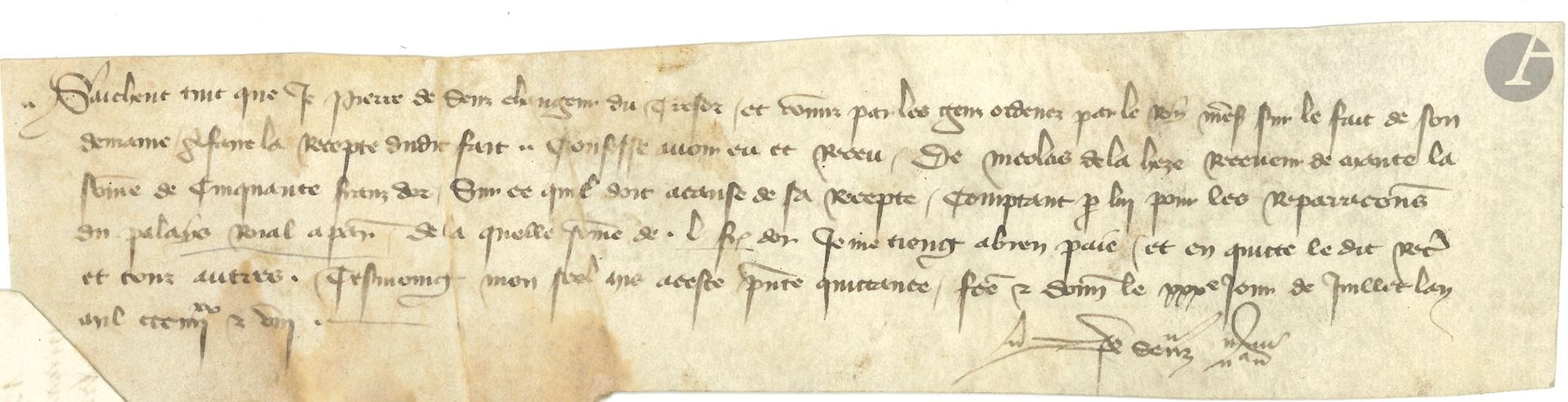 [CHARLES VI le Fol (1368-1422) Roi de France]. P.S. par Pierre de SENS, 30 juillet 1381; parchemin 6,5 x 24,5 cm.
Réparations au palais royal. 
Pierre de Sens, «changeur du tresor», confesse avoir reçu de Nicolas de La Hèze, receveur de Mantes, la somme de cinquante francs d’or «sur ce quil doit a cause de sa recepte […] pour les reparations du palais Royal a Paris»…