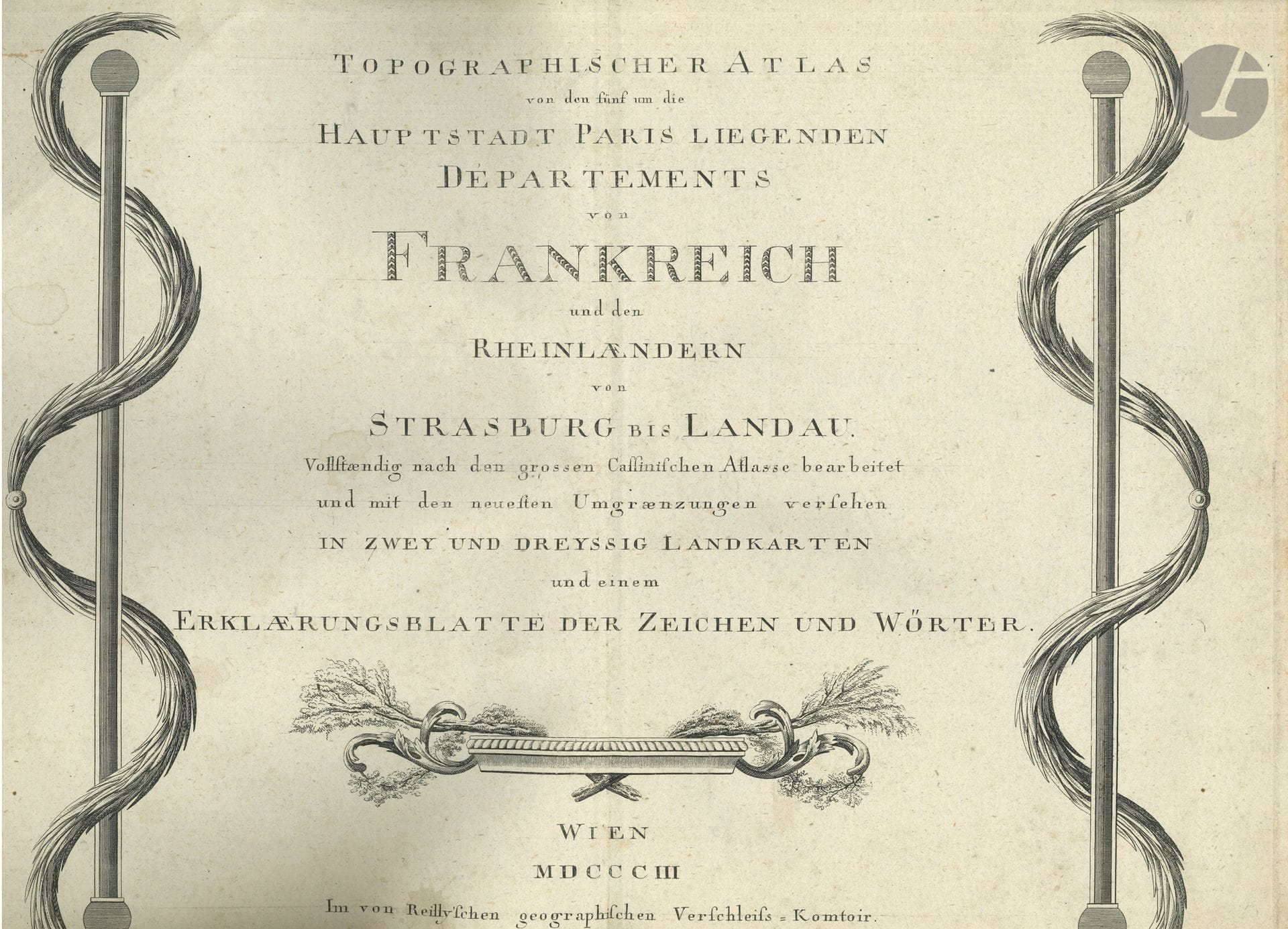ATLAS. Franz Johann Joseph von REILLY. Topographischer Atlas von den fünf um die Hauptstadt Paris liegenden Départements von Frankreich und den Rheinlaendern von Strassburg bis Landau… (Wien, 1803, Im von Reilly’schen Geographischen Verschleiss-Komtoir); [2]-32 planches gravées (env. 30,5 x 42,5 cm) montées sur onglets en un vol. in-fol., cartonnage ancien (un peu usagé).
Ignaz Kühn–Christian Trummer.Wien, 1803. 
Atlas topographique des cinq départements de France entourant Paris et de leurs districts (pl. 3-30, précédées de deux cartes: Das heutige Frankreich et Isle de France), et Der District Hagenau (31), Der District Weissenburg mit der Gegend um Landau (32). Il comprend 32 cartes gravées sur cuivre, en partie coloriées, précédées d’un titre gravé, et d’une notice explicative gravée (Erklærungsblatt…).
Très bel état intérieur (petites réparations marginales à la dernière planche).