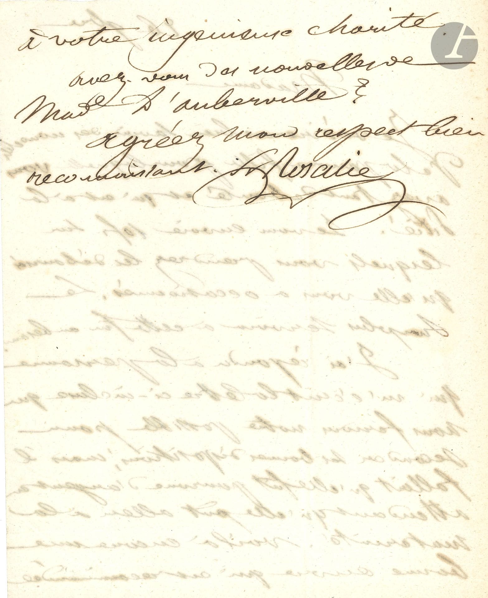 Jeanne-Marie Rendu, Sœur ROSALIE (1786-1856), religieuse de la Congrégation des Filles de la Charité de Saint-Vincent-de-Paul, béatifiée en 2003. L.A.S., 26 novembre, à Mme Bedel, au couvent des Anglaises, à Paris; 1 page et demie in-8, adresse.
 Elle demande «des nouvelles de la pauvre fille pour laquelle vous avez tant de bonté et qui est à la Pitié!», et envoie 10F pour elle. Elle a répondu à une autre personne «que nous ferions notre possible pour seconder ses bonnes dispositions; mais il fallait qu’elle fût pourvue d’argent en attendant qu’elle put aller à la maternité. Voilà encore une bonne œuvre qui est recommandée à votre ingénieuse charité». Notice impr. jointe sur Sœur Rosalie.