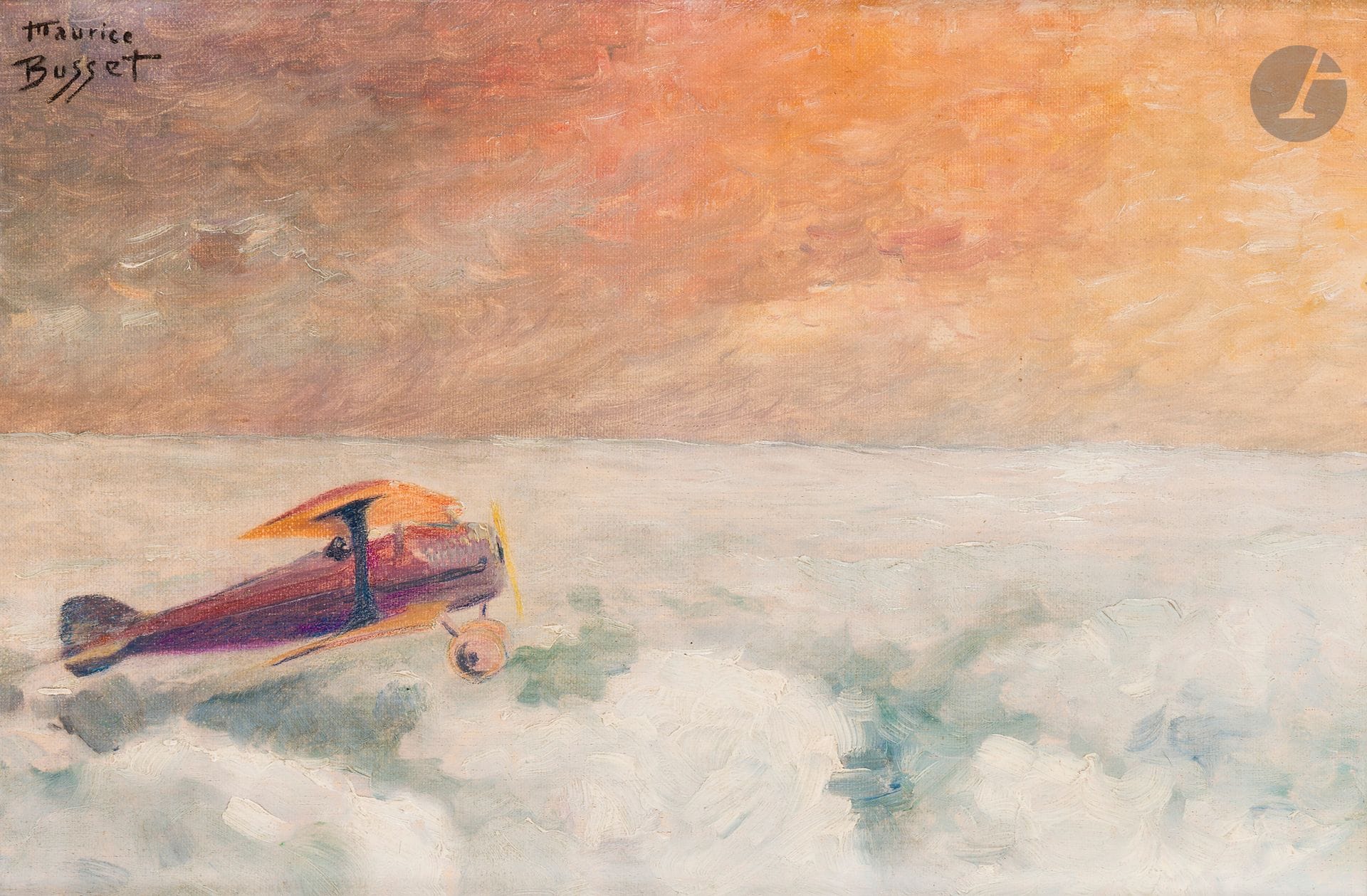 Maurice BUSSET (1879/81-1936)
Plane above the clouds
Oil on cardboard.
Signed upper left.
26 x 38.5 cm