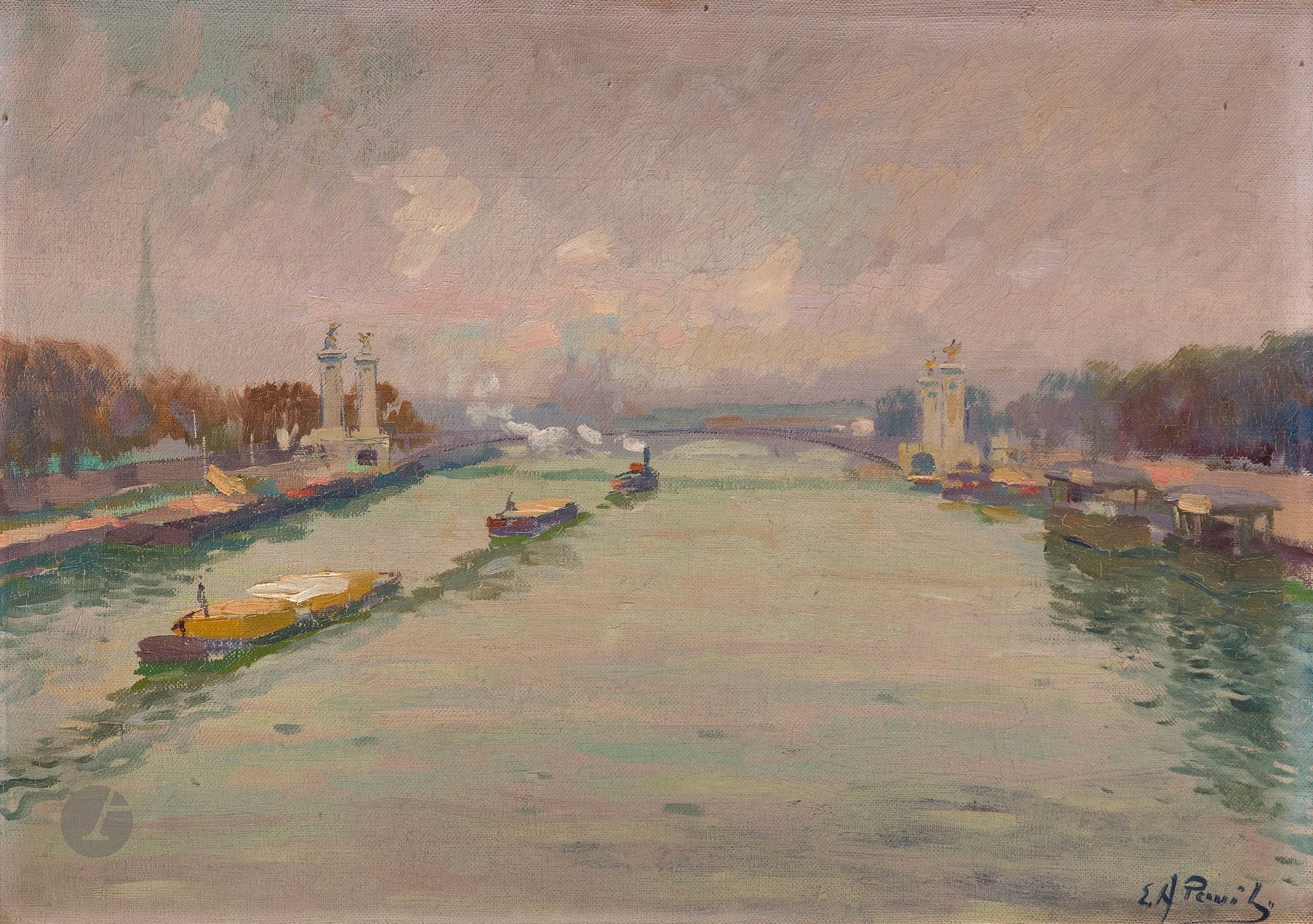 Elie-Anatole PAVIL (1873-1944)
Paris, the Seine at Pont Alexandre III
Oil on canvas.
Signed lower right.
33 x 46 cm