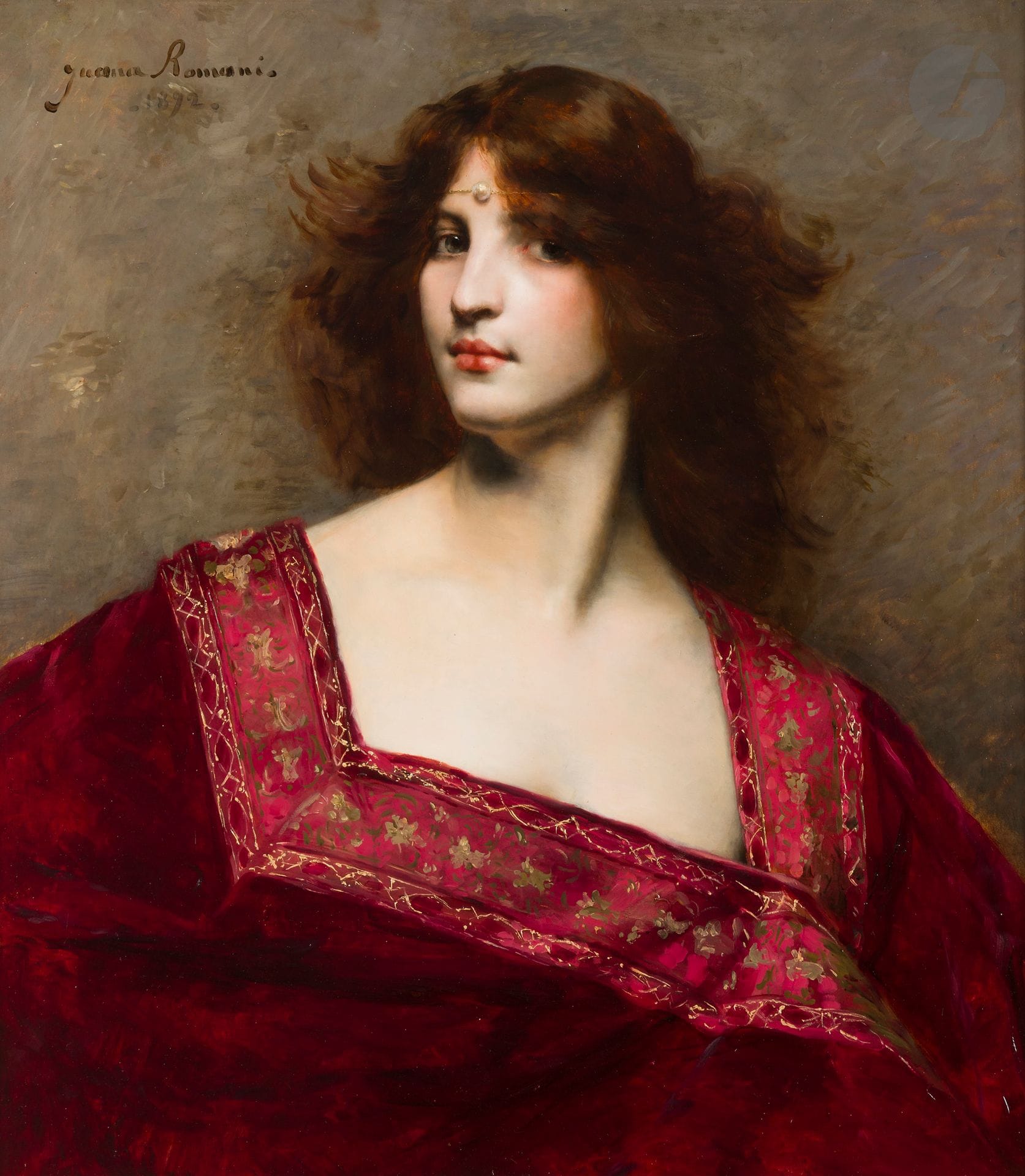 Juana ROMANI (1869-1924)
Jeune femme à la perle, 1892
Huile sur panneau.
Signée et datée en haut à gauche.
71.5 x 64 cm