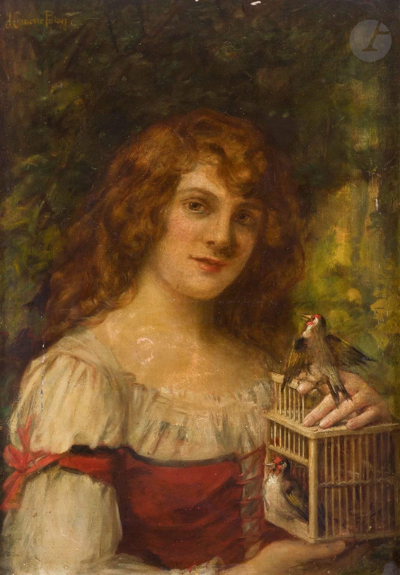 Jacqueline COMERRE-PATON (1859-1955)
Jeune femme à la cage à oiseaux
Huile sur toile.
Signée en haut à gauche.
(Petits manques, jaunissement important).
65 x 46 cm