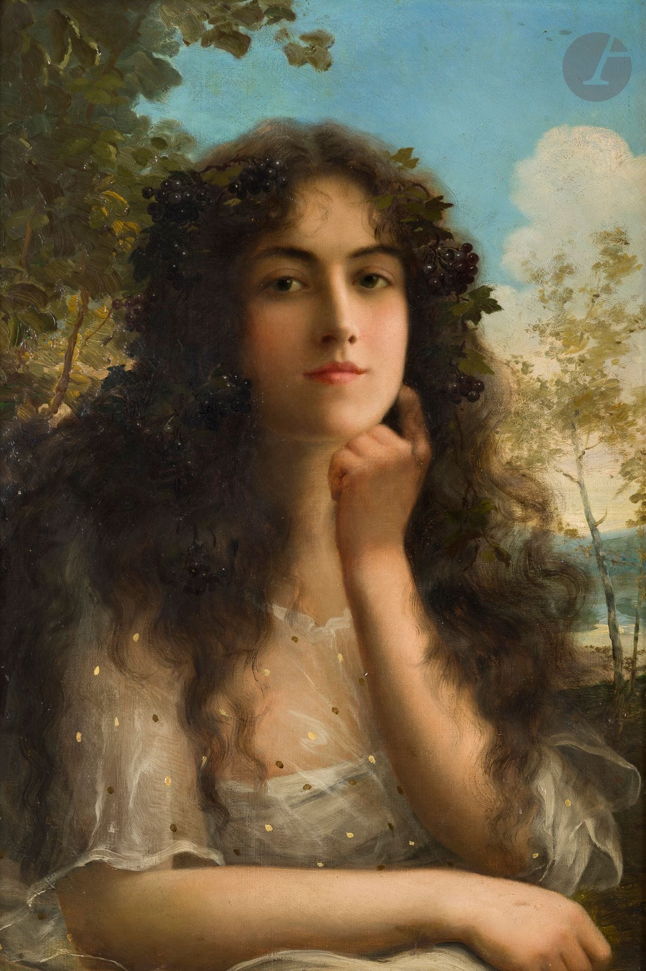 ÉCOLE ANGLAISE DE LA FIN DU XIXe siècle
Femme à la couronne de raisins
Huile sur toile.
Inscrit "The Woods" sur le châssis.
(Petits manques).
61 x 46 cm