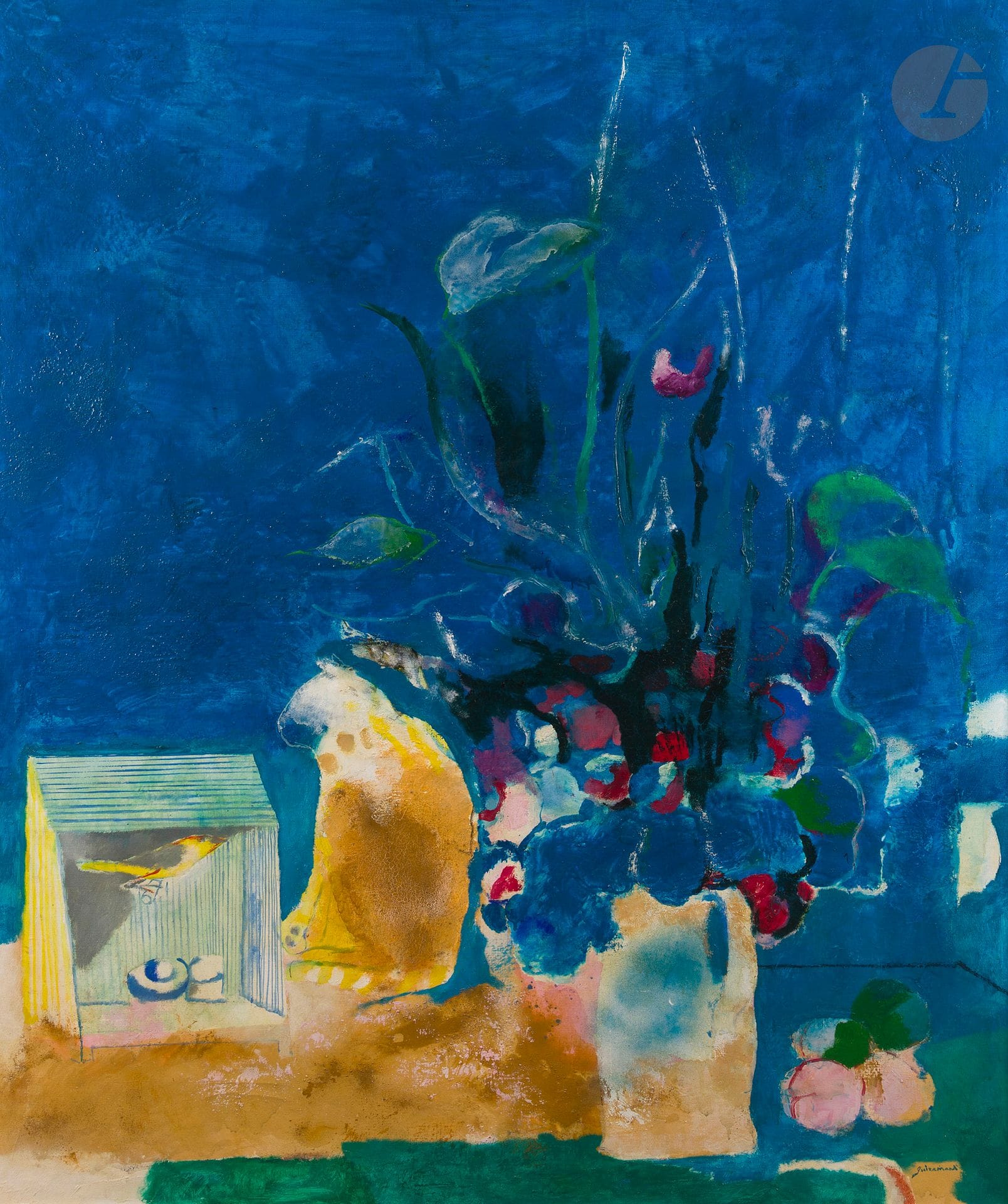 Paul GUIRAMAND (1926-2007)
Nature morte bleue
Huile sur toile.
Signée en bas à droite.
146 x 114 cm

Provenance : 
R.S. Johnson-International Gallery, Chicago (étiquette au dos).