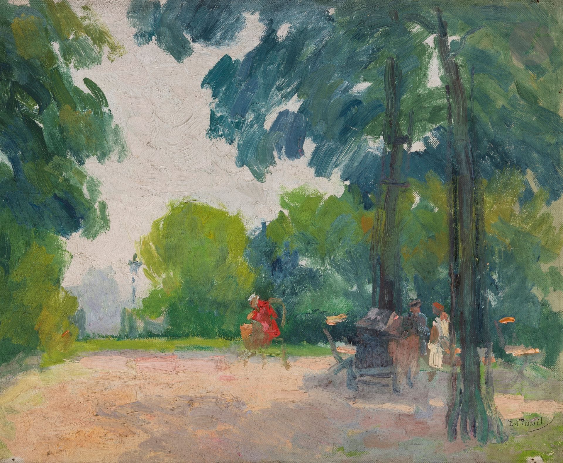 Elie-Anatole PAVIL (1873-1944)
Matin d'été, Jardin du Sacré Cœur, 1934 
Huile sur toile.
Signée en bas à droite.
(Trous de punaise dans les angles).
38 x 46 cm

Provenance : 
- Collection Lina Pavil, fille de l'artiste (étiquette au dos). 
- Vente Me Claude Robert, Hôtel Drouot, Paris, 12 décembre 1972, n° 174 (tampon sur le châssis).