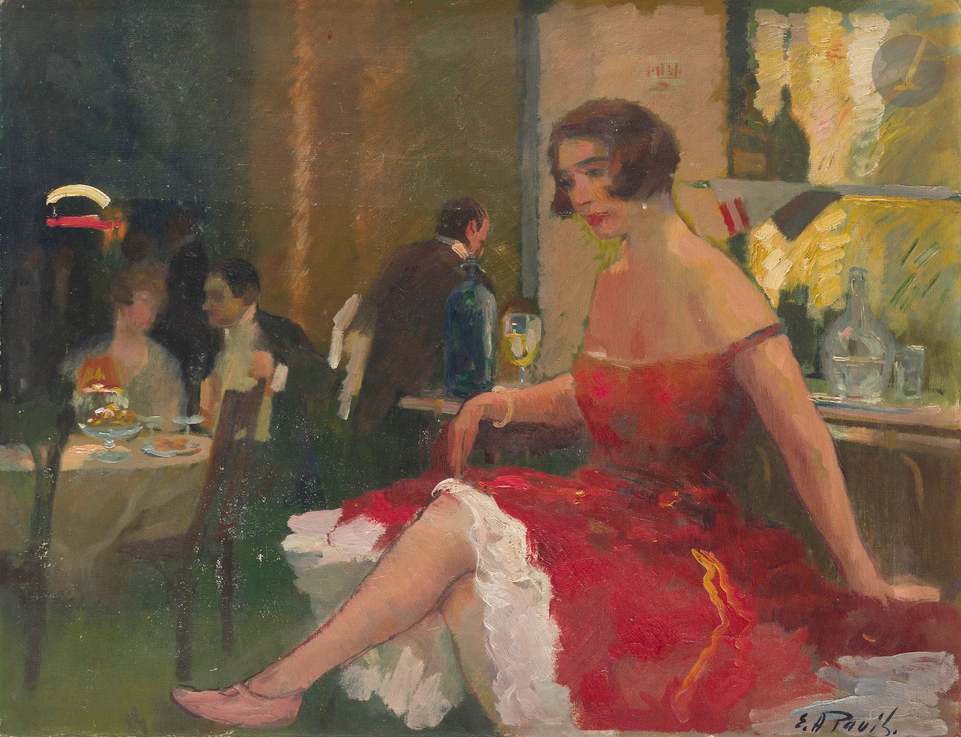 Elie-Anatole PAVIL (1873-1944)
Élégante au café-concert
Huile sur toile.
Signée en bas à droite.
(Petit accident et usures).
50 x 65 cm