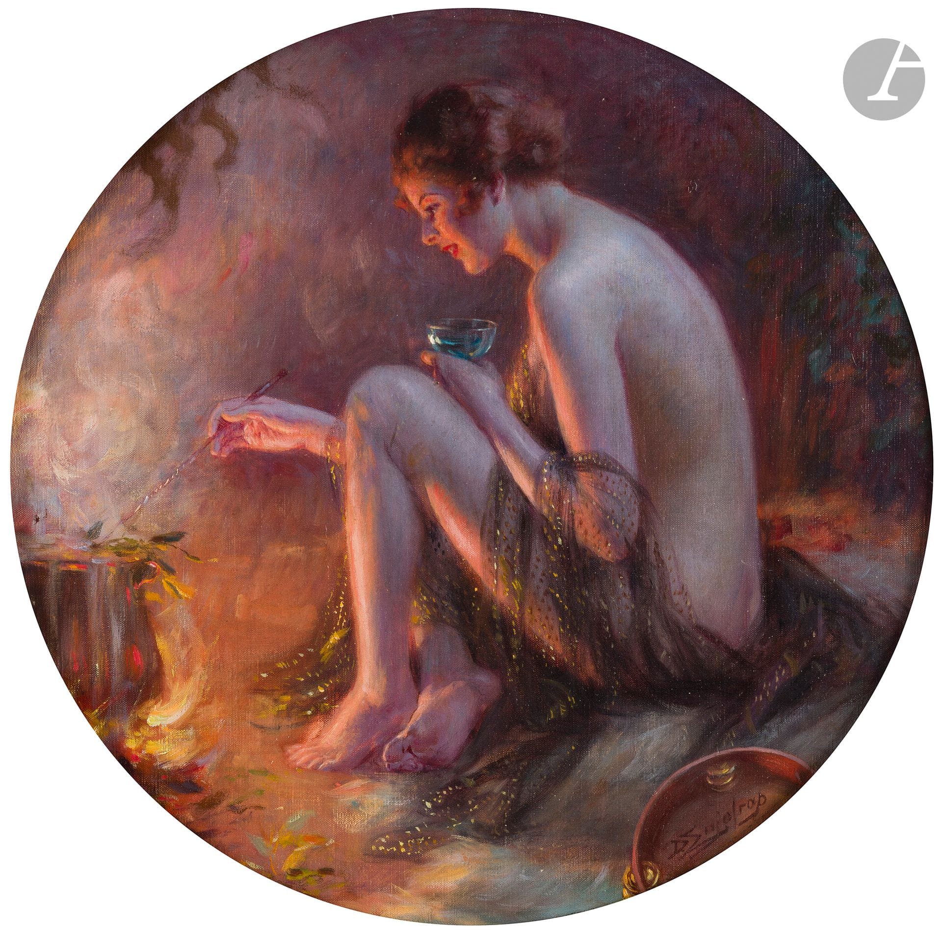 Delphin ENJOLRAS (1857-1945)
Young Woman with tambourine
Oil on canvas.
Signed lower right.
Diameter : 46 cm